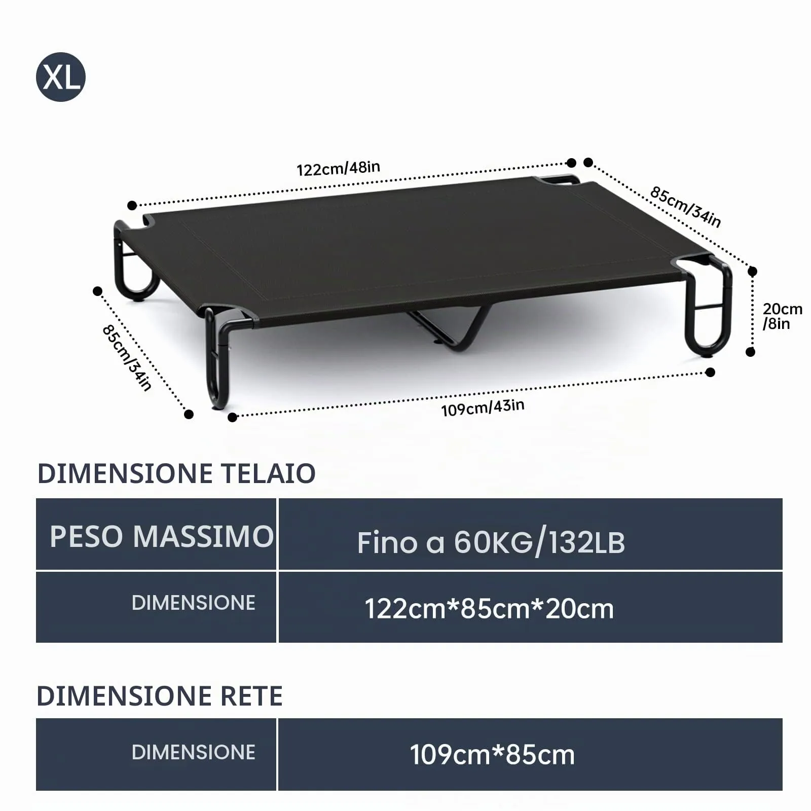 KORIMEFA Brandina per Cani Taglia Grande, Lettino Rialzato, Cuccia Interno Esterno Rinfrescante per Animali Domestici, 122x85cm (XL) - immagine 2