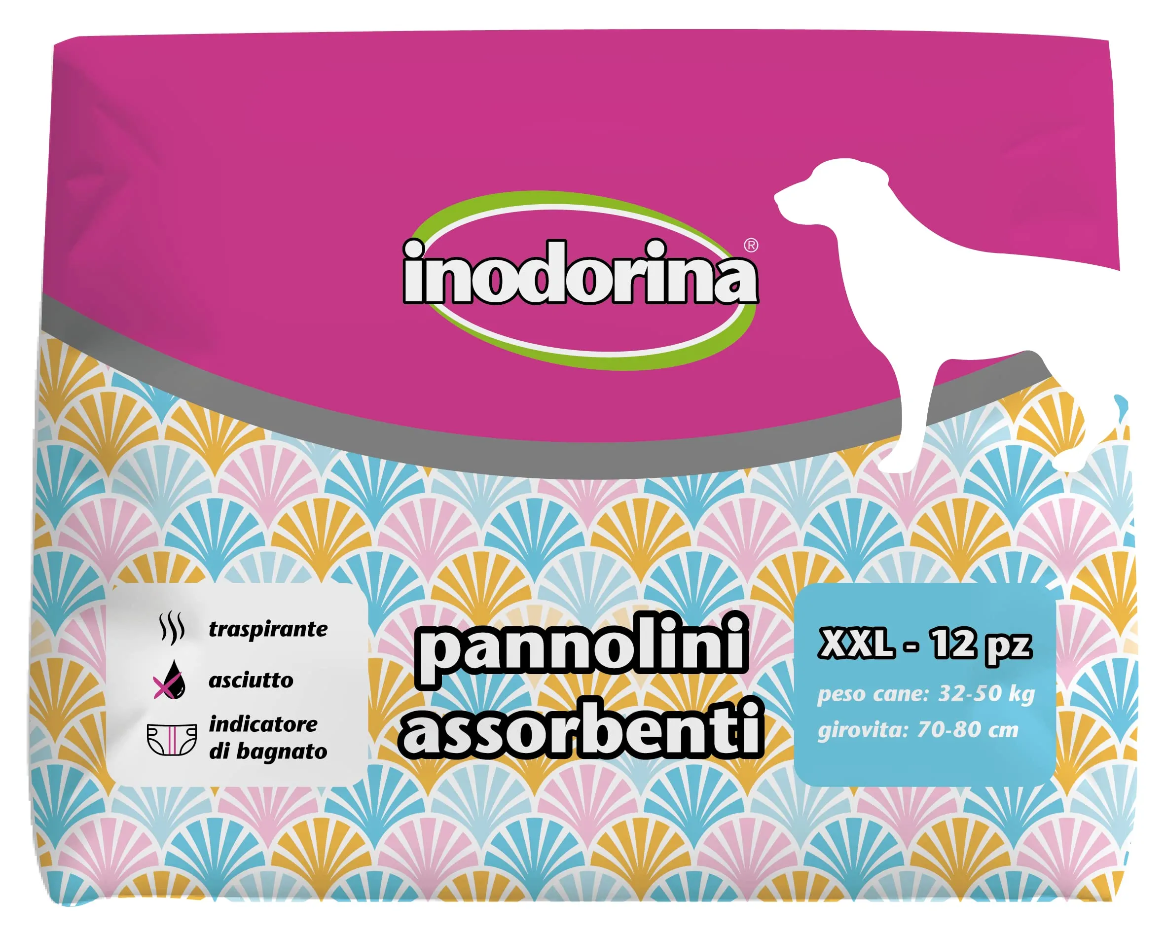 Inodorina, Pannolini Assorbenti Usa e Getta, Tecnologia Traspirante e Indicatore di Bagnato, con Buco per la Coda e Alette Lunghe, per Cani con Peso da 32-50 kg, Taglia XXL, 12 pezzi - immagine 1