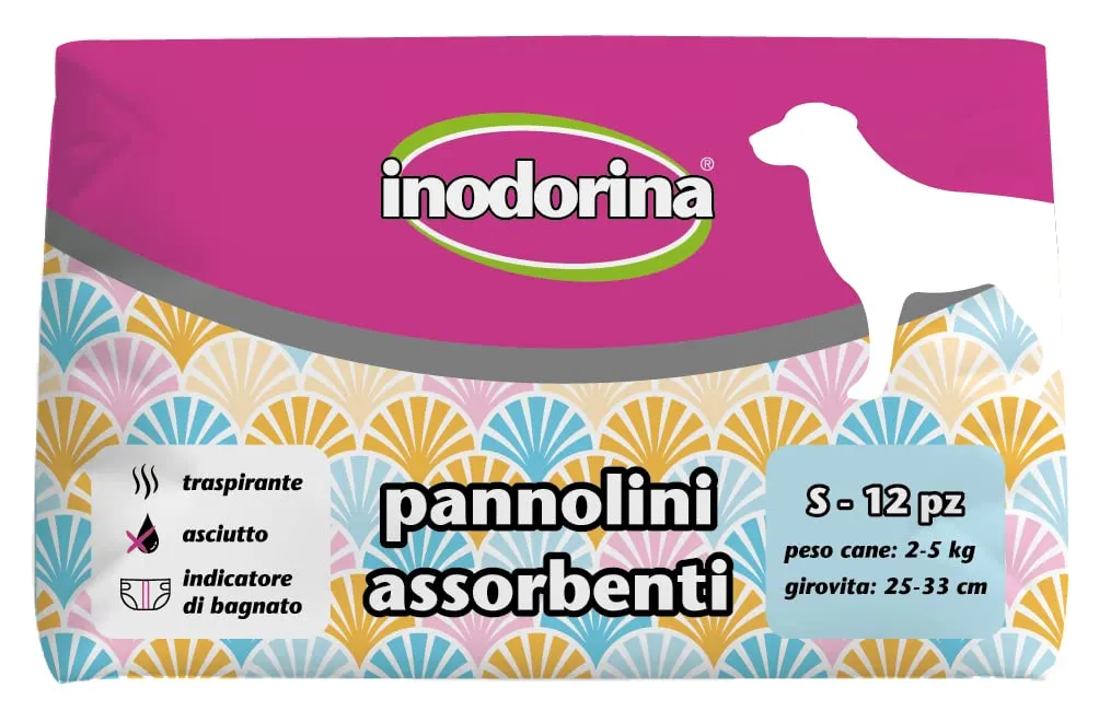 Inodorina, Pannolini Assorbenti Usa e Getta, Tecnologia Traspirante e Indicatore di Bagnato, con Buco per la Coda e Alette Lunghe, per Cani con Peso da 2-5 kg, Taglia S, 12 pezzi - immagine 1