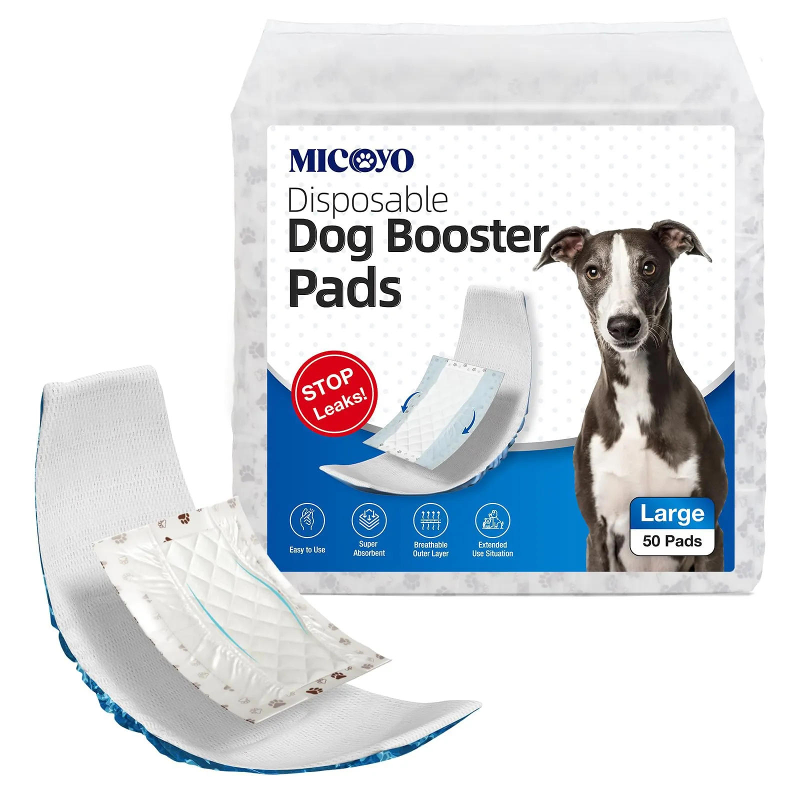 MICOOYO Fodere per pannolini usa e getta per cani, per cani maschi e femmine, super assorbenti, si adattano alla maggior parte dei pannolini per cani (protezione laterale a prova di perdite, L-50) - immagine 1