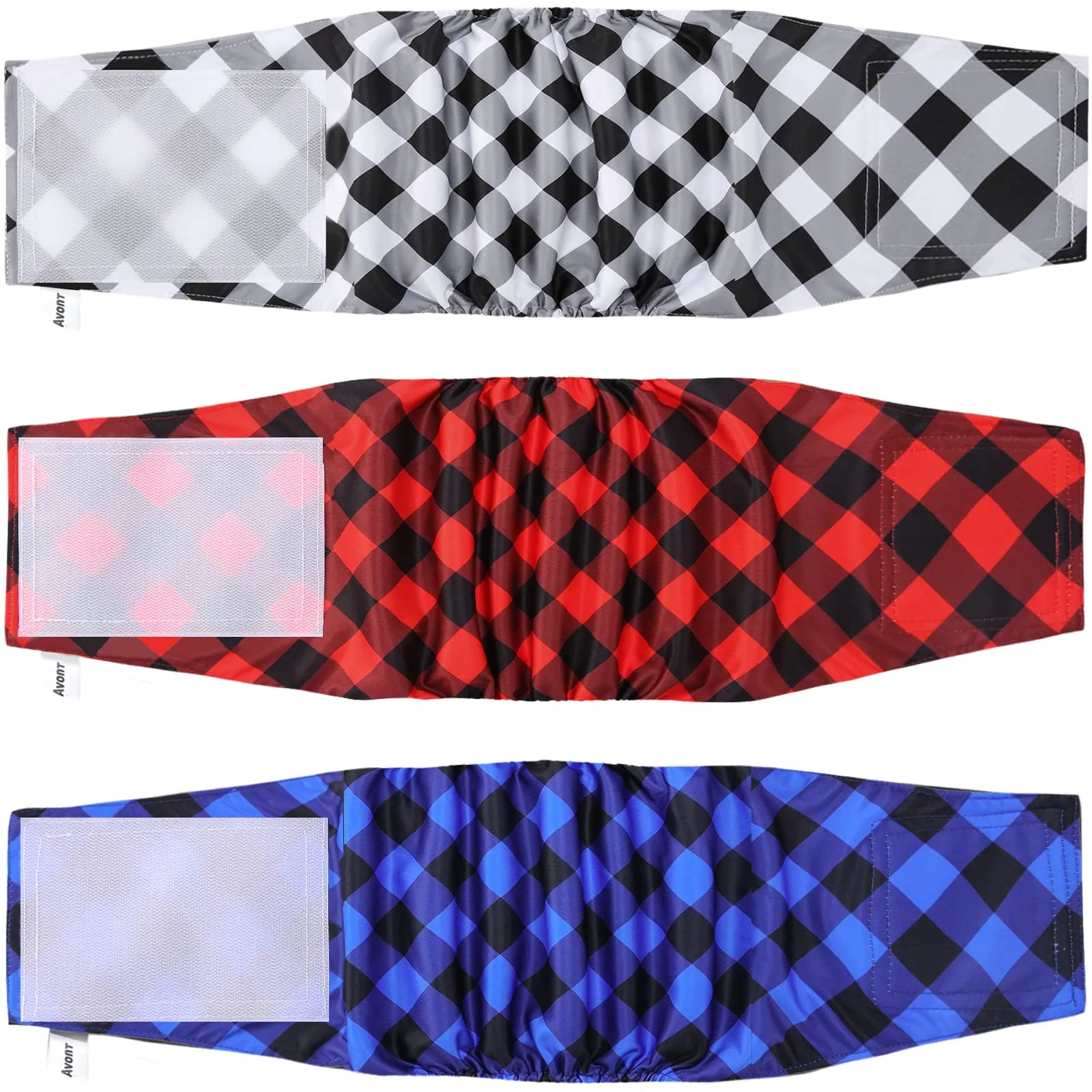 Avont Confezione da 3 Pannolini Lavabili per Cani Maschili (XS 9"-11"), Involucri Riutilizzabili per Cani Maschi, Fasce di Pancia Altamente Assorbenti Pipì per Cagnolini - Plaid Rosso/Blu/Grigio - immagine 1