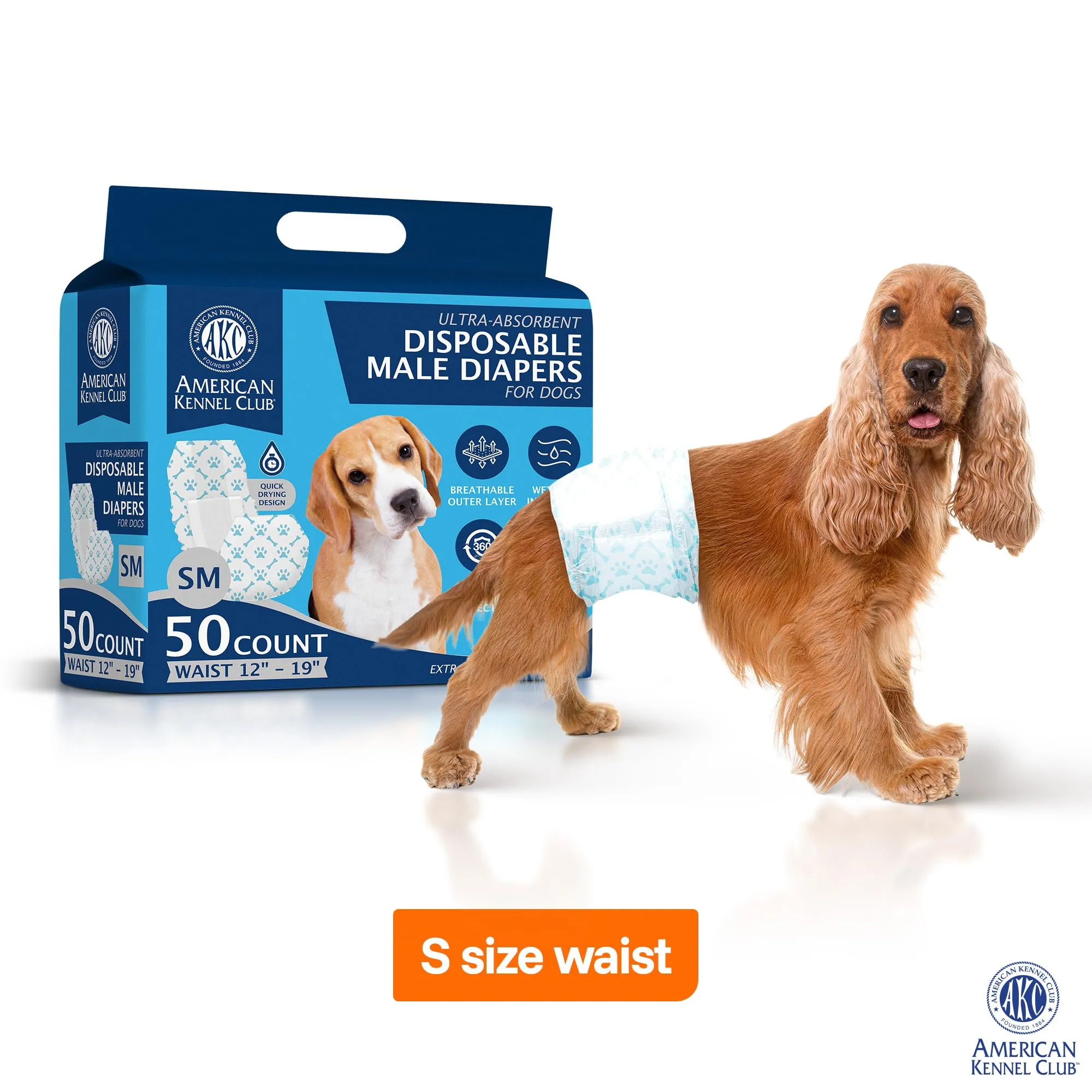 American Kennel Club Pannolini usa e getta per cani maschi, con indicatore di umidità, piccoli, 50 pezzi - immagine 2