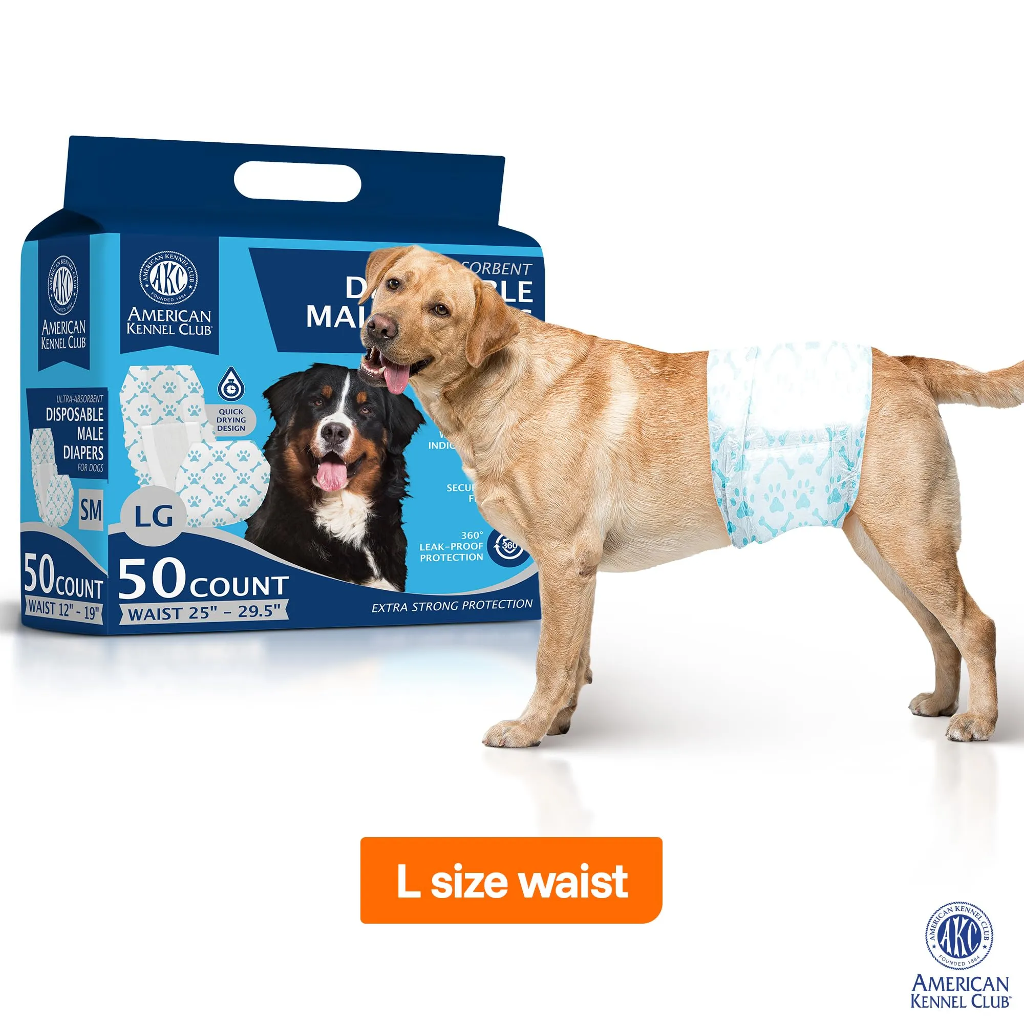 American Kennel Club Pannolini usa e getta per cani maschi, con indicatore di umidità, L, 50 pezzi - immagine 2