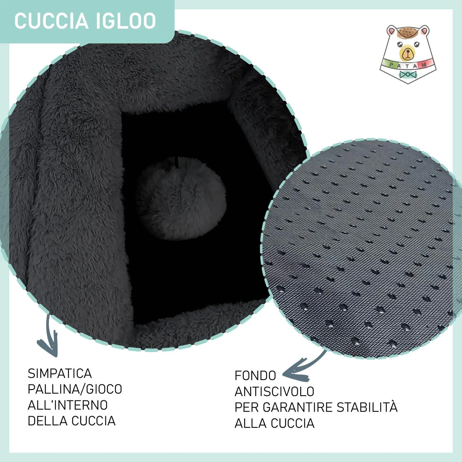 PATAM Cuccia Gatto, Cane Piccola Taglia, da Interno, Lavabile, Antiscivolo, Igloo Nero - immagine 5