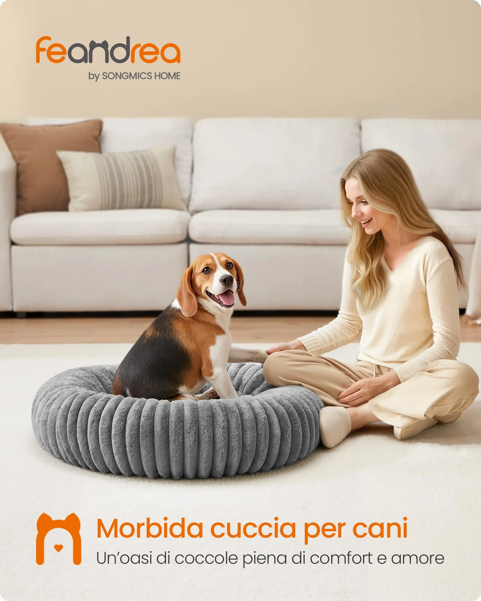 Feandrea Cuccia per Cani e Gatti di Taglia Grande, Diametro di 80 cm, Lettino per Animali Domestici, Cuscino Lavabile, Tappeto Soffice, Imbottitura Morbida, Grigio Tortora PGW304GD01 - immagine 2