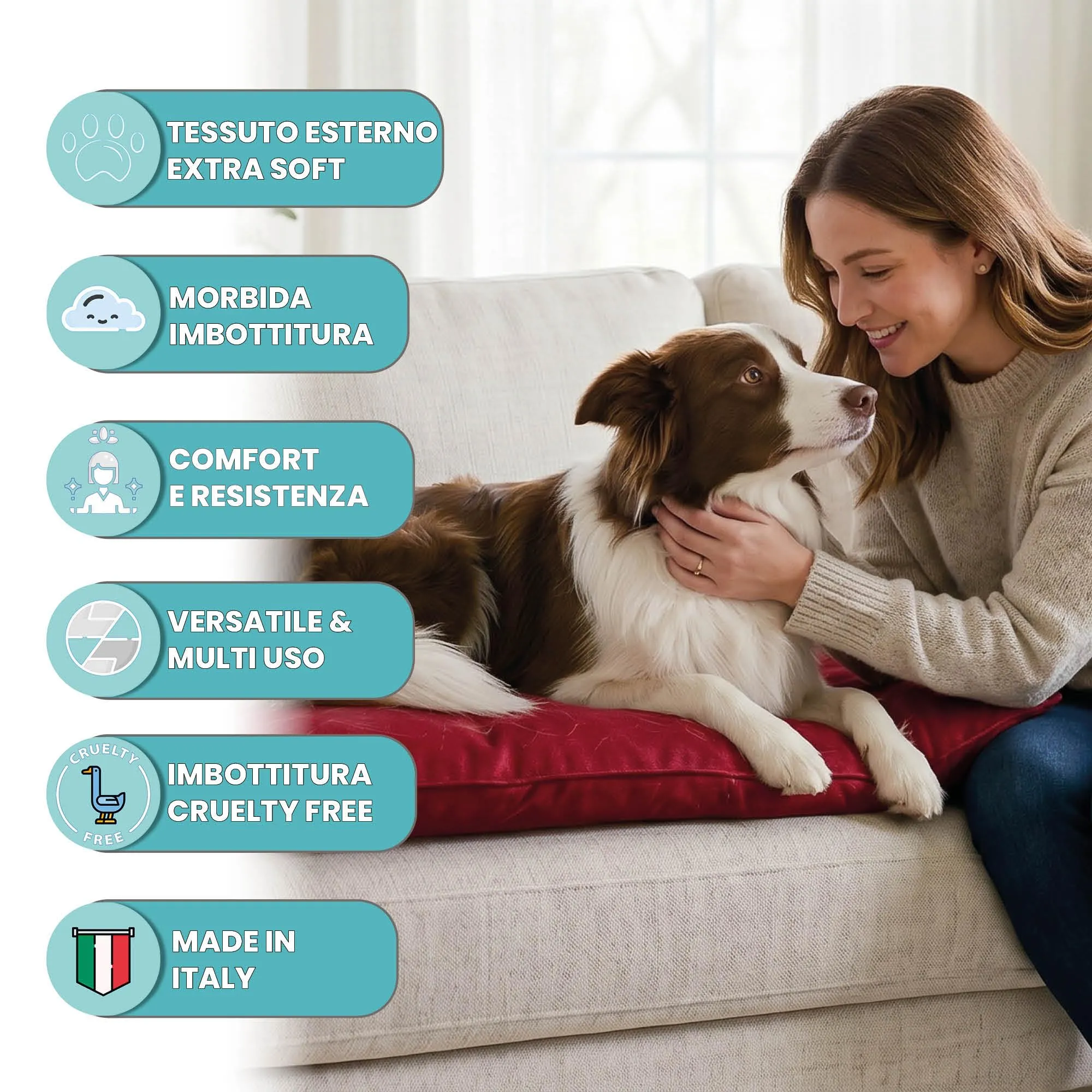 Maxy Cuscinone Cane e Gatto ELEGANT – Cuscino per Animali Domestici Imbottito e Trapuntato, in Microfibra, 60x100 cm, Materassino Morbido e Confortevole per Cani Taglia Piccola/Media/Grande, Rosso - immagine 2