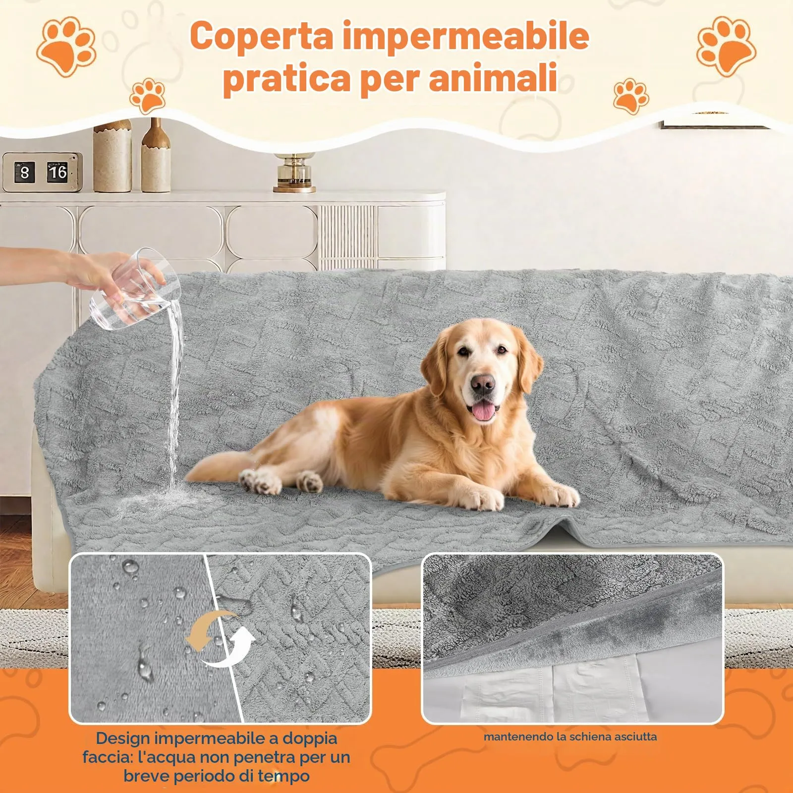 Omtofo Coperta Impermeabile 100×75cm, Lavabile Coperta Cane, Caldo e Soffice Copertina Flanella Cane, per Cani di Media e Grande Taglia, Uso a Doppia Faccia Protettore per Divano, Grigio - immagine 4