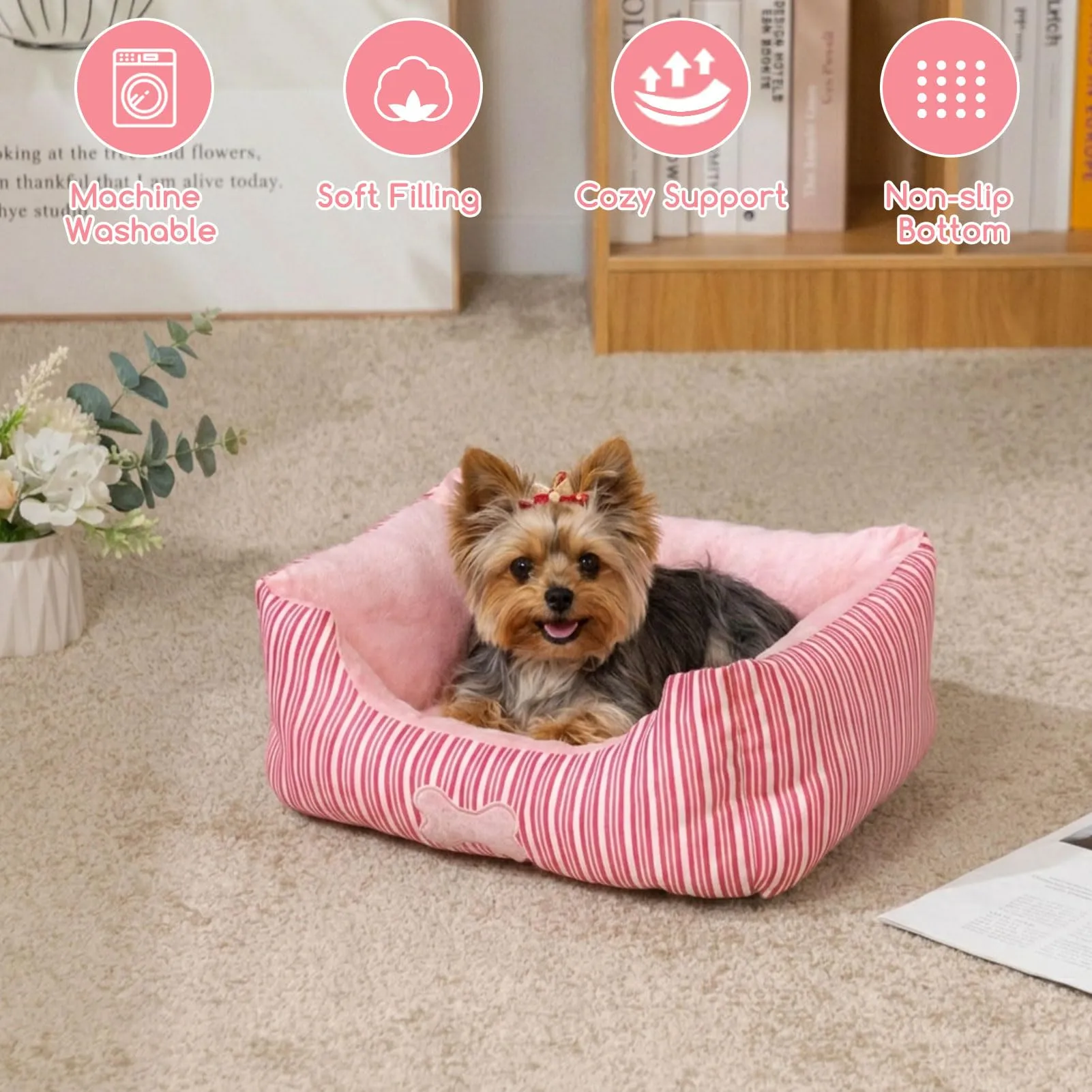 Hollypet - Cuccia per cani e gatti di taglia piccola, in tessuto soffice e imbottito, autoriscaldante, rosa - immagine 6