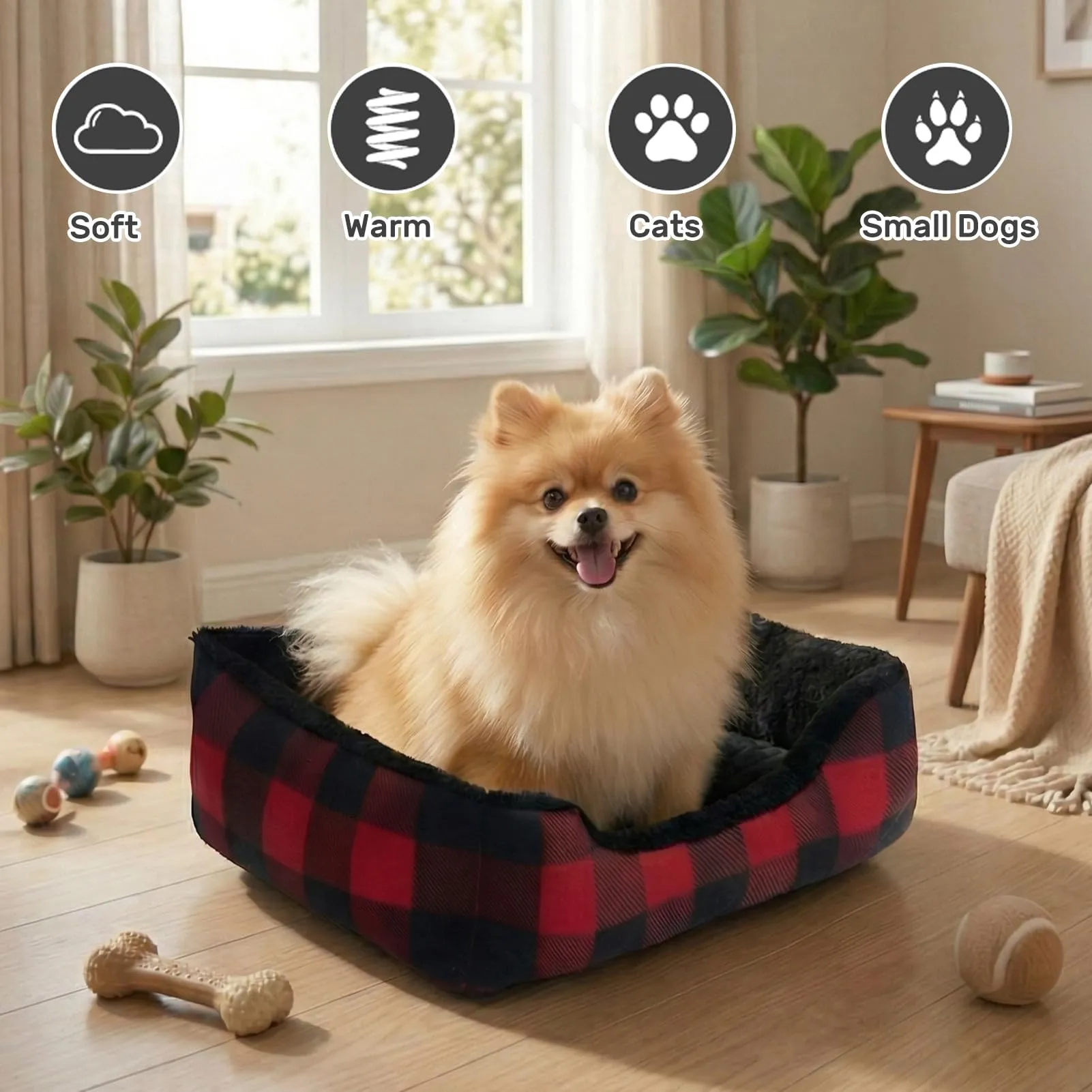 Hollypet Cuccia per Gatti e Cani di Piccola e Media Cucciolo Morbido Pet Nido Sacco a Pelo casa Cuscino Mat Pad, Piccolo, Rectangle Red Checked - immagine 4