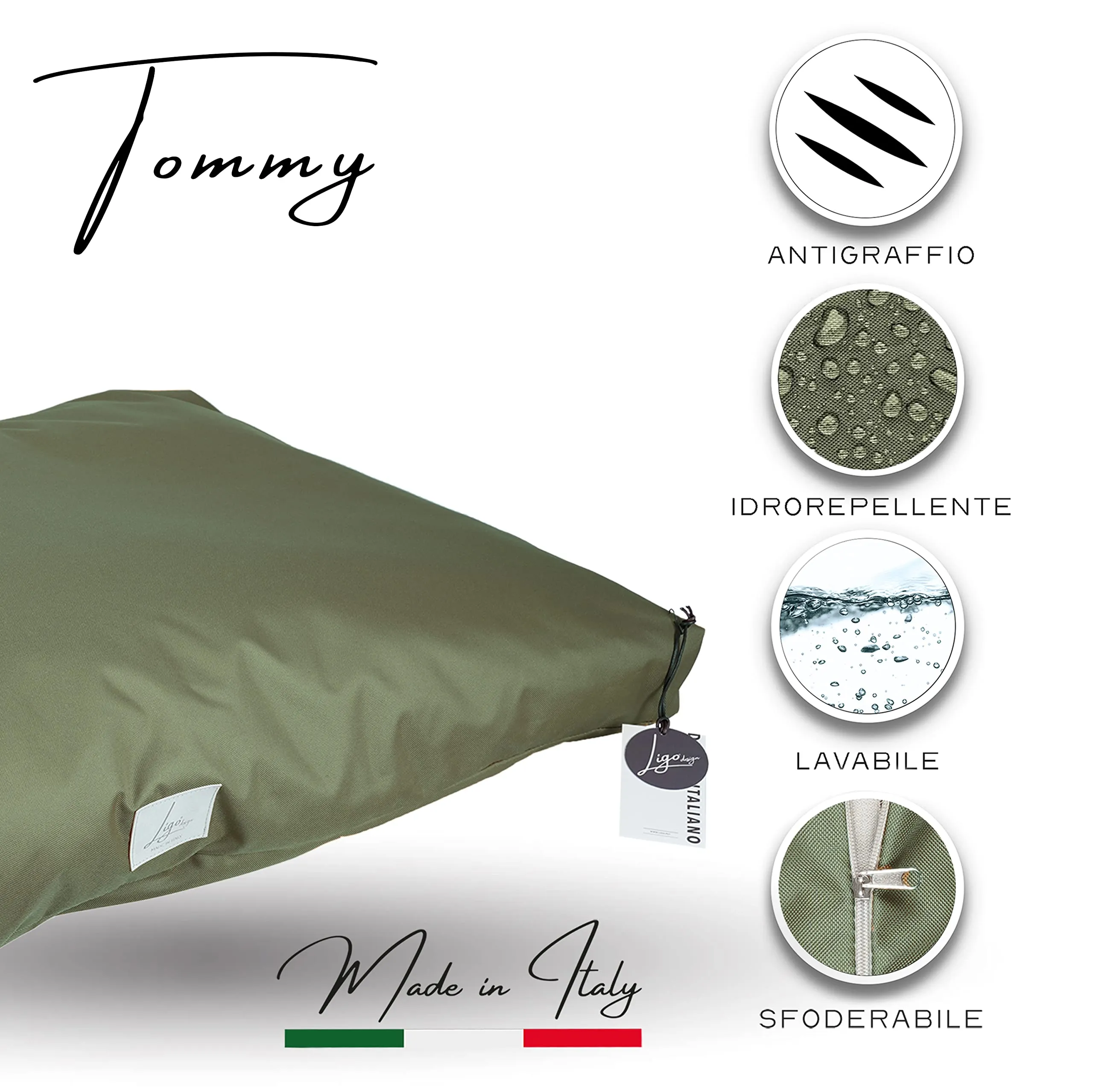 Ligo Tommy - Materasso per Cani Idrorepellente e AntiGraffio, Realizzato in Italia. Cuscino Cuccia per Cane AntiGraffio antimacchia Perfetto per l'uso Interno ed Esterno. (L: 120 x 70 cm, VERDE OLIVA) - immagine 3