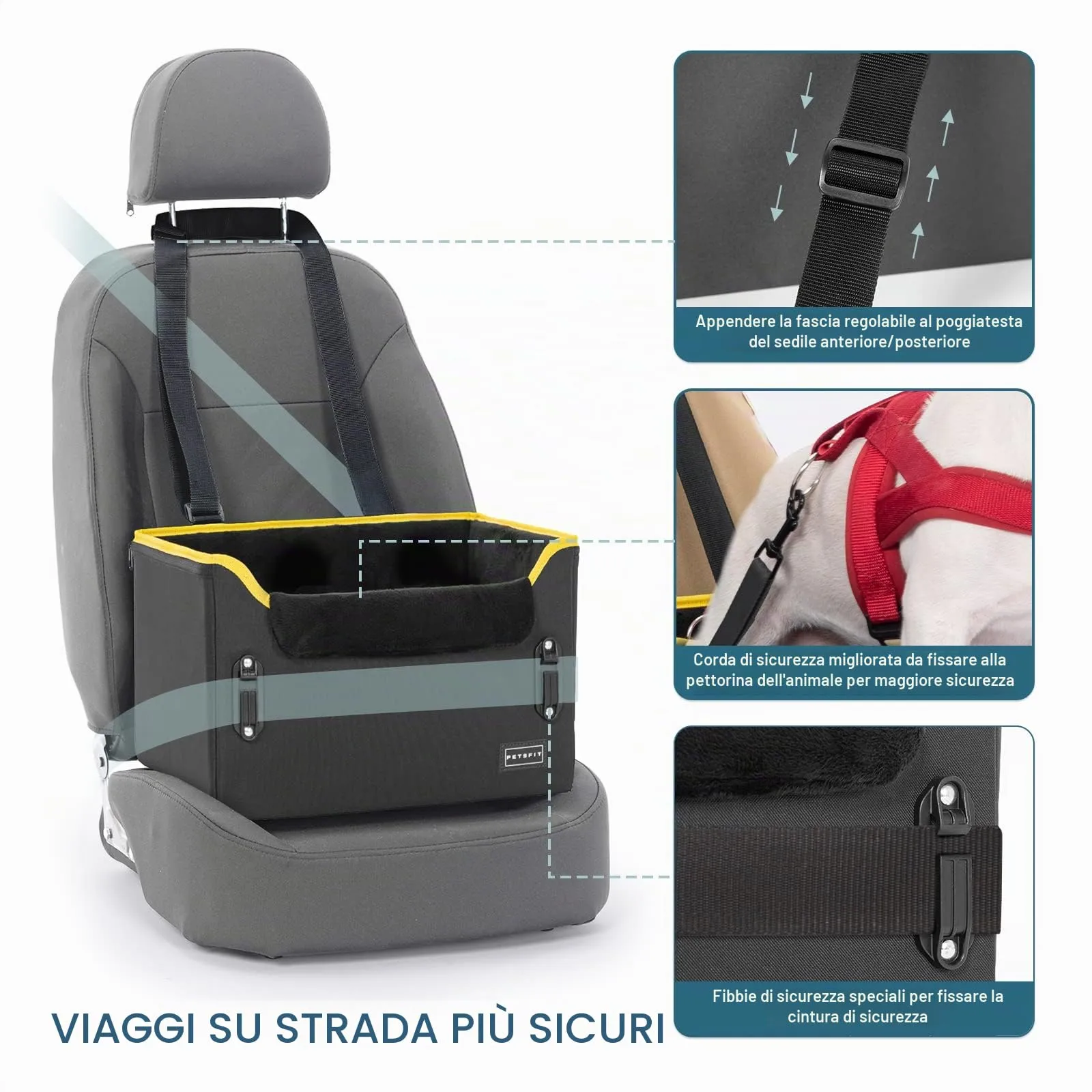 Petsfit Seggiolino Auto Trasportino per cani piccoli,Seggiolino cane auto anteriore con clip di sicurezza per la cintura e cuscino in peluche per cani piccoli fino a 6 kg - immagine 2
