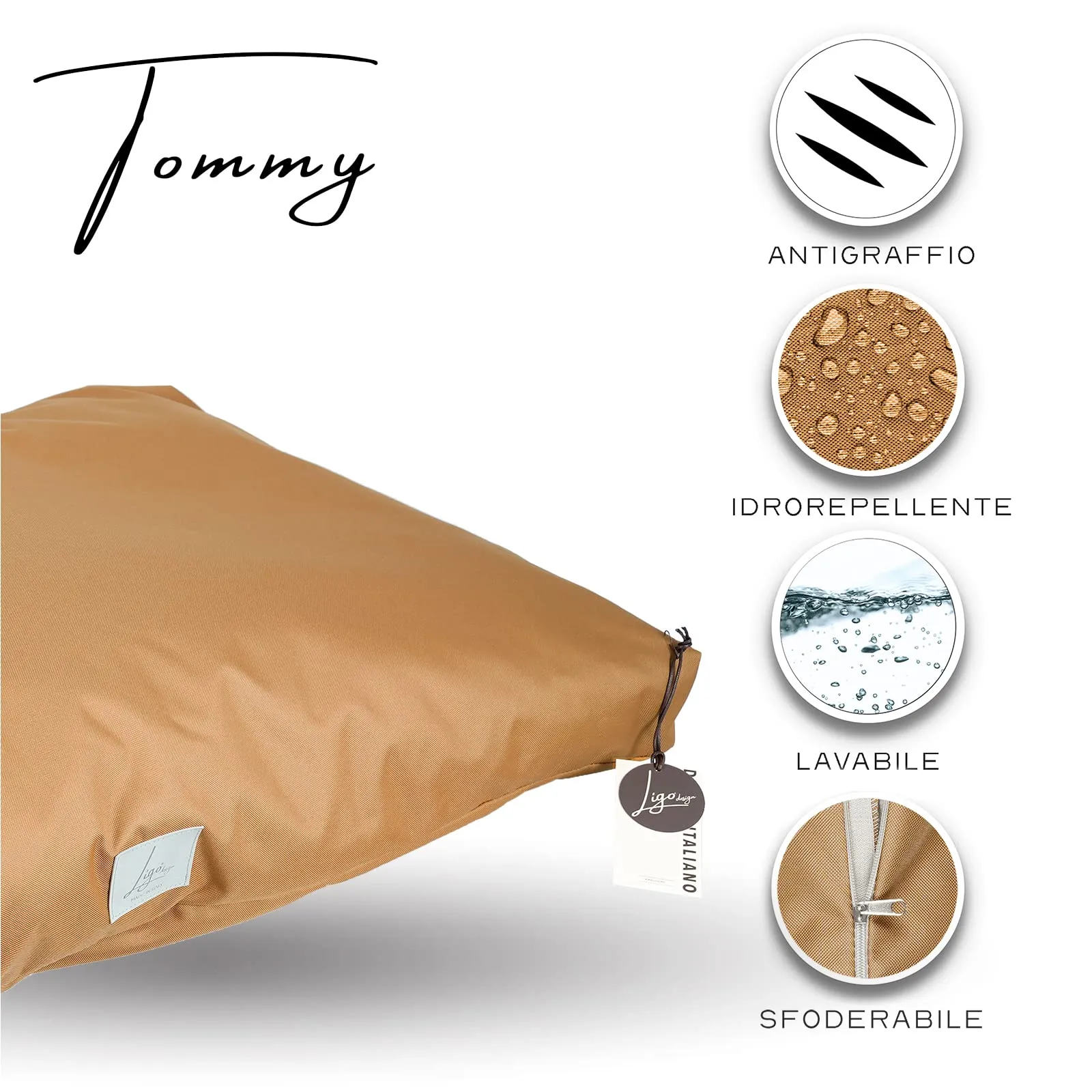 Ligo Tommy - Materasso per Cani Idrorepellente e AntiGraffio, Realizzato in Italia. Cuscino Sfoderabile Lavabile Cuccia per Cane per uso Interno Esterno.Materassino cani. (S: 70 x 50 cm, CARAMELLO) - immagine 3