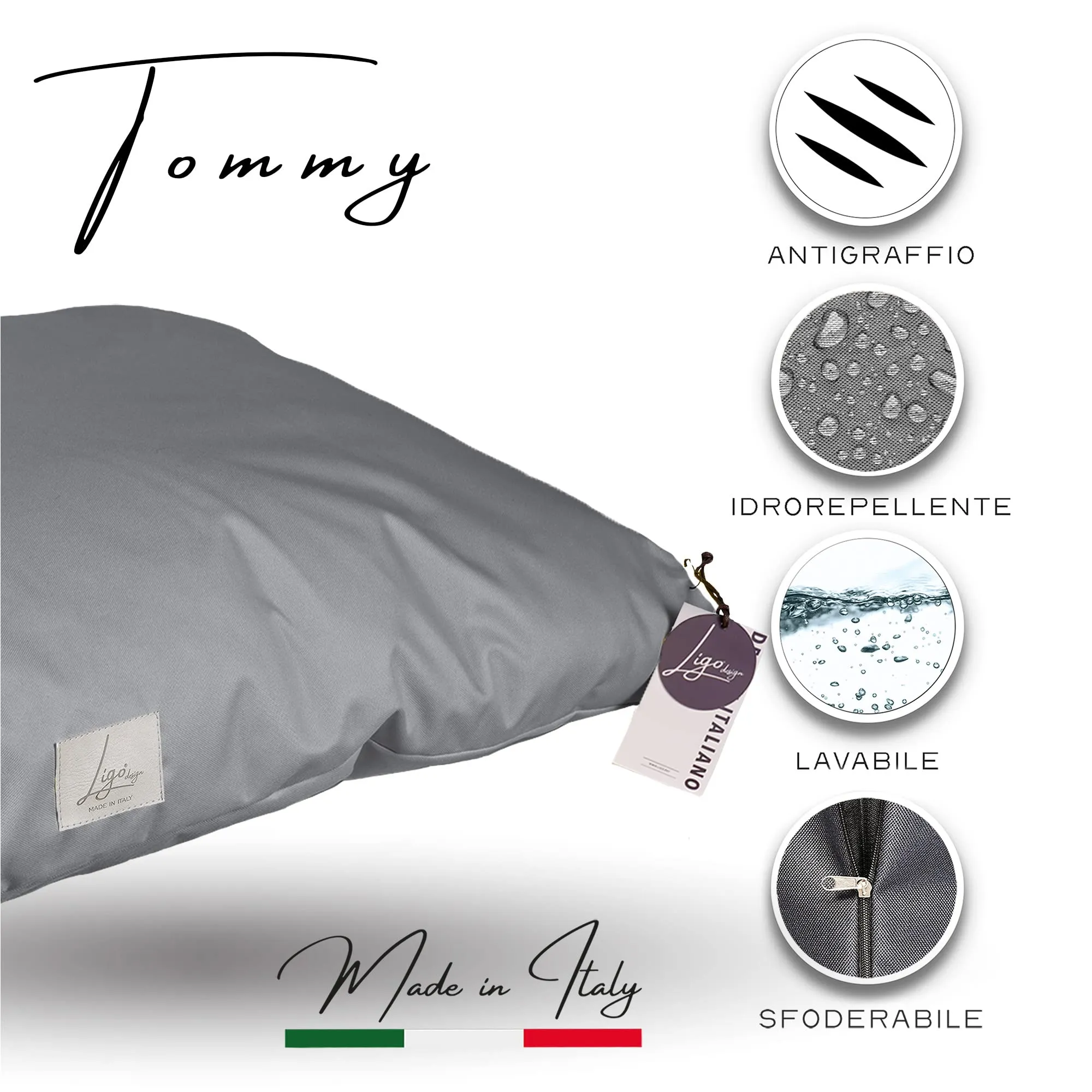 Ligo Tommy - Materasso per Cani Idrorepellente, Realizzato in Italia. Cuscino Sfoderabile Lavabile Cuccia per Cane uso Interno Esterno.Materassino cani. (M: 100 x 60 cm, GRIGIO) - immagine 4