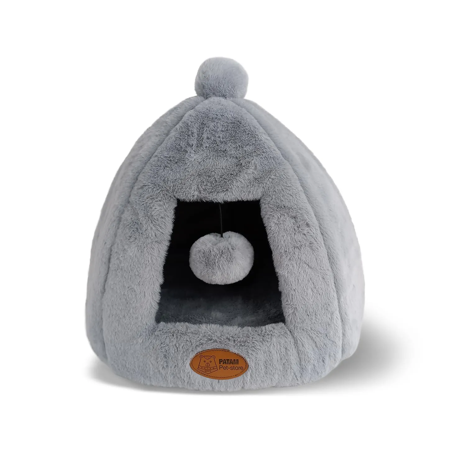 PATAM Cuccia-Casetta per Cani e Gatti, Antiscivolo in Morbido Tessuto Peluche, Lavabile, Design a Tenda con Pallina Gioco, 43x43x43 cm – Igloo Grigio - immagine 1