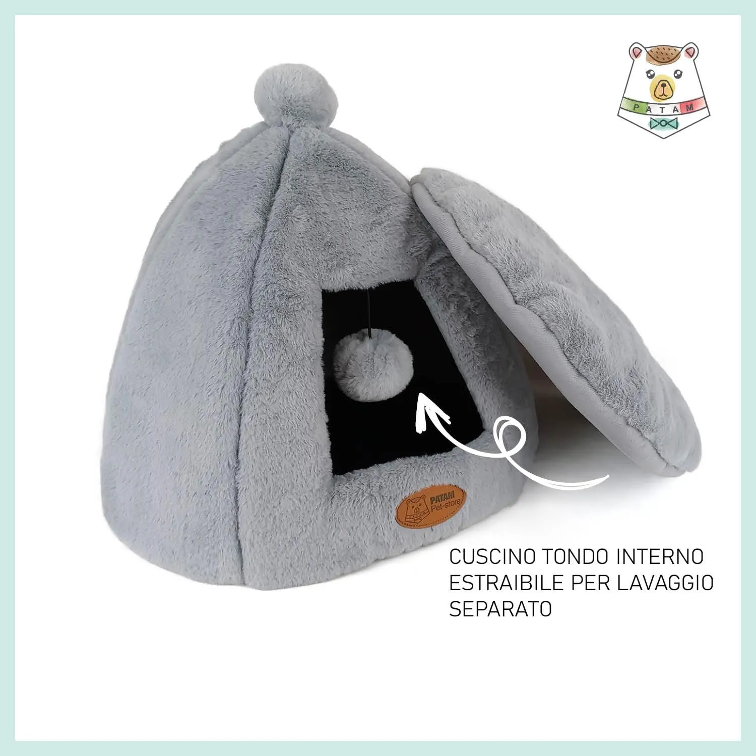 PATAM Cuccia-Casetta per Cani e Gatti, Antiscivolo in Morbido Tessuto Peluche, Lavabile, Design a Tenda con Pallina Gioco, 43x43x43 cm – Igloo Grigio - immagine 2