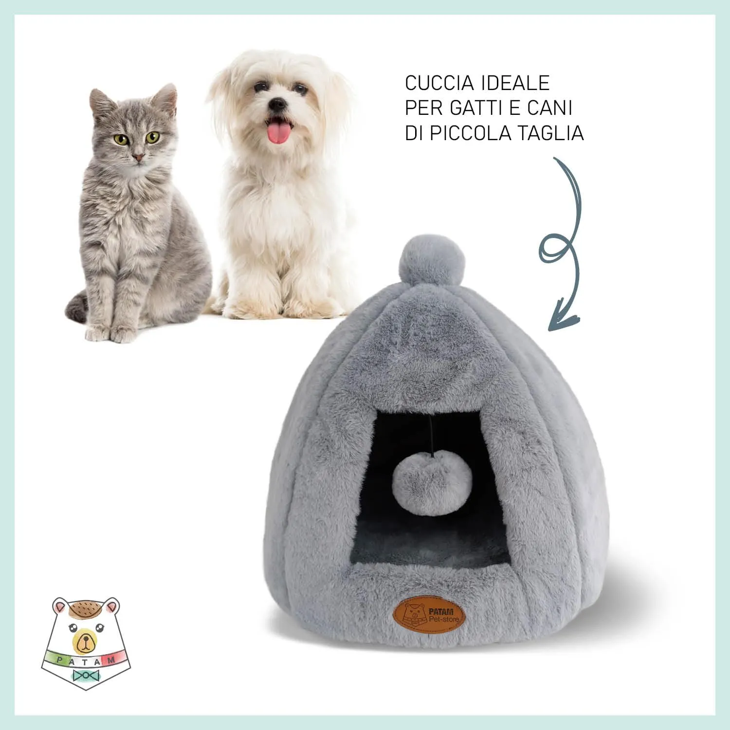 PATAM Cuccia-Casetta per Cani e Gatti, Antiscivolo in Morbido Tessuto Peluche, Lavabile, Design a Tenda con Pallina Gioco, 43x43x43 cm – Igloo Grigio - immagine 3