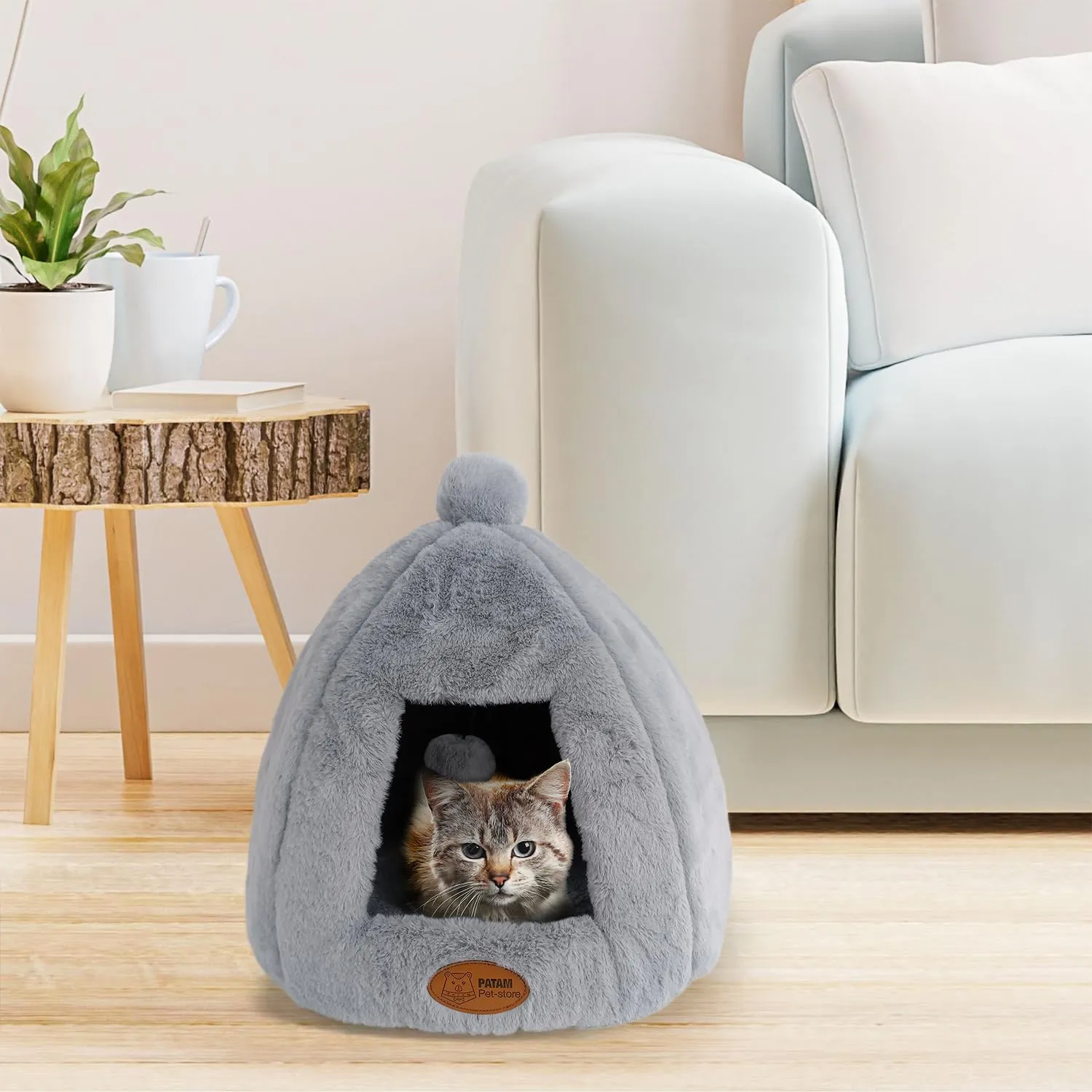 PATAM Cuccia-Casetta per Cani e Gatti, Antiscivolo in Morbido Tessuto Peluche, Lavabile, Design a Tenda con Pallina Gioco, 43x43x43 cm – Igloo Grigio - immagine 4