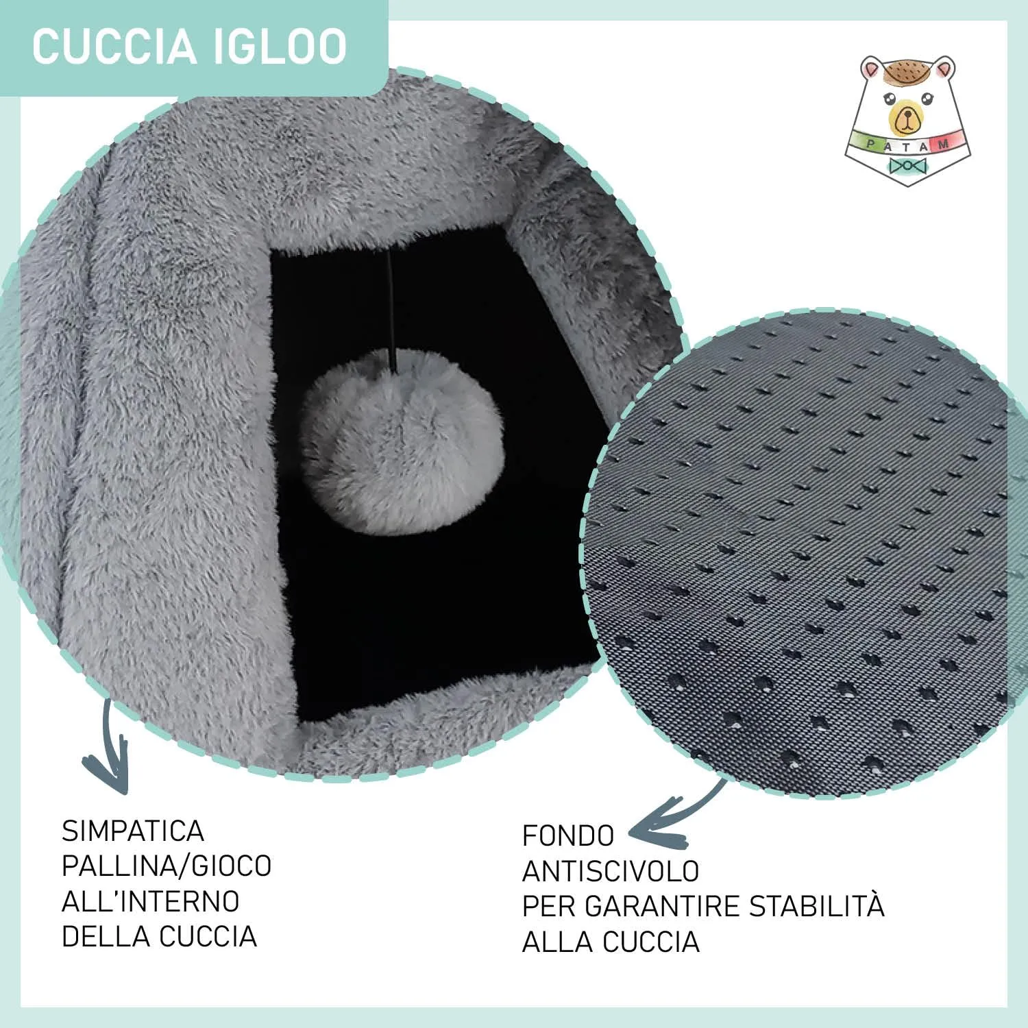 PATAM Cuccia-Casetta per Cani e Gatti, Antiscivolo in Morbido Tessuto Peluche, Lavabile, Design a Tenda con Pallina Gioco, 43x43x43 cm – Igloo Grigio - immagine 5