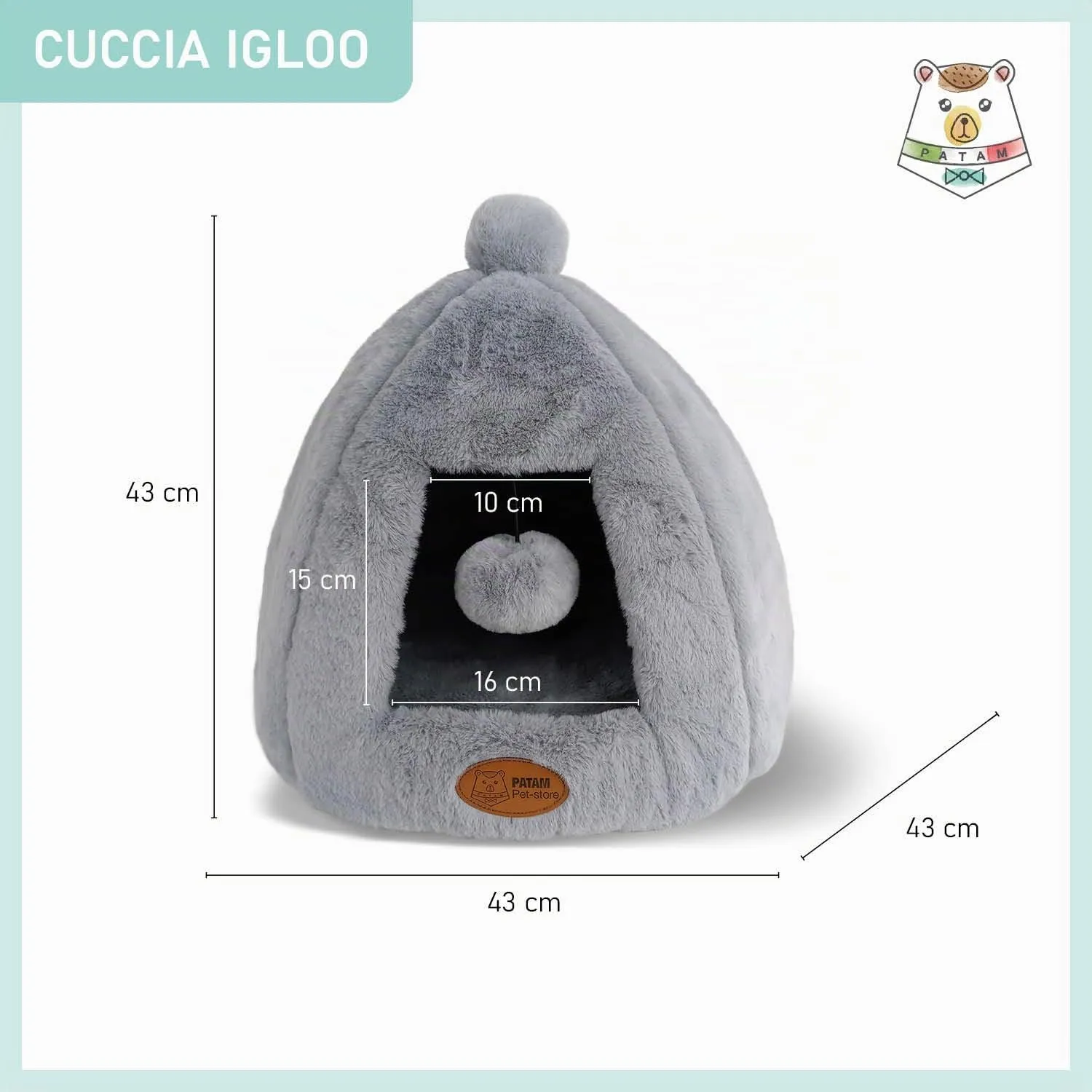 PATAM Cuccia-Casetta per Cani e Gatti, Antiscivolo in Morbido Tessuto Peluche, Lavabile, Design a Tenda con Pallina Gioco, 43x43x43 cm – Igloo Grigio - immagine 6