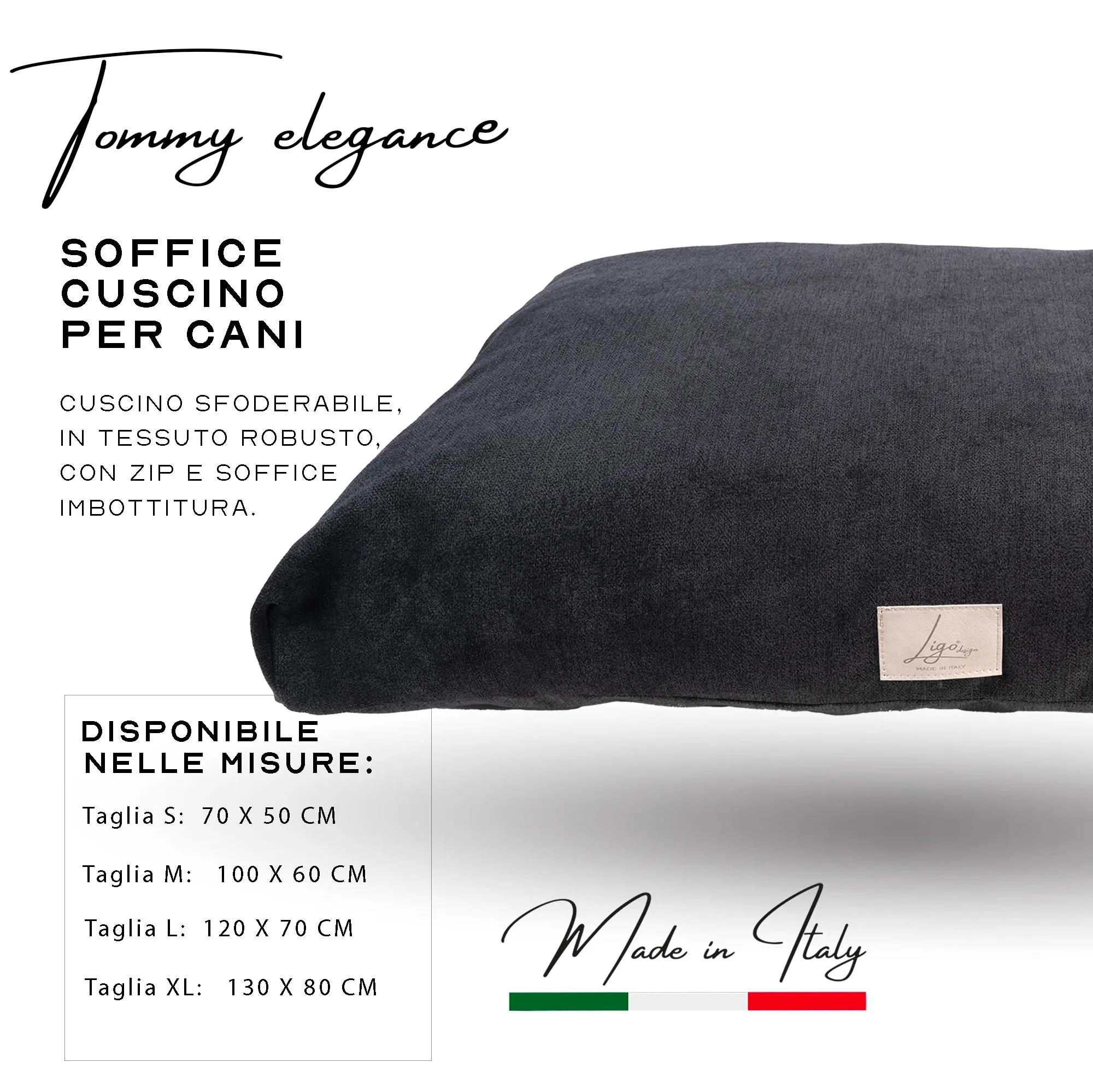 Ligo Tommy Elegance - Cuscino Materasso per Cani in tessuto Realizzato artigianalmente in Italia. Cuccia lettino Materassino per Cane Sfoderabile Lavabile.(S: 70 x 50 cm, SOFT CARBONE) - immagine 4