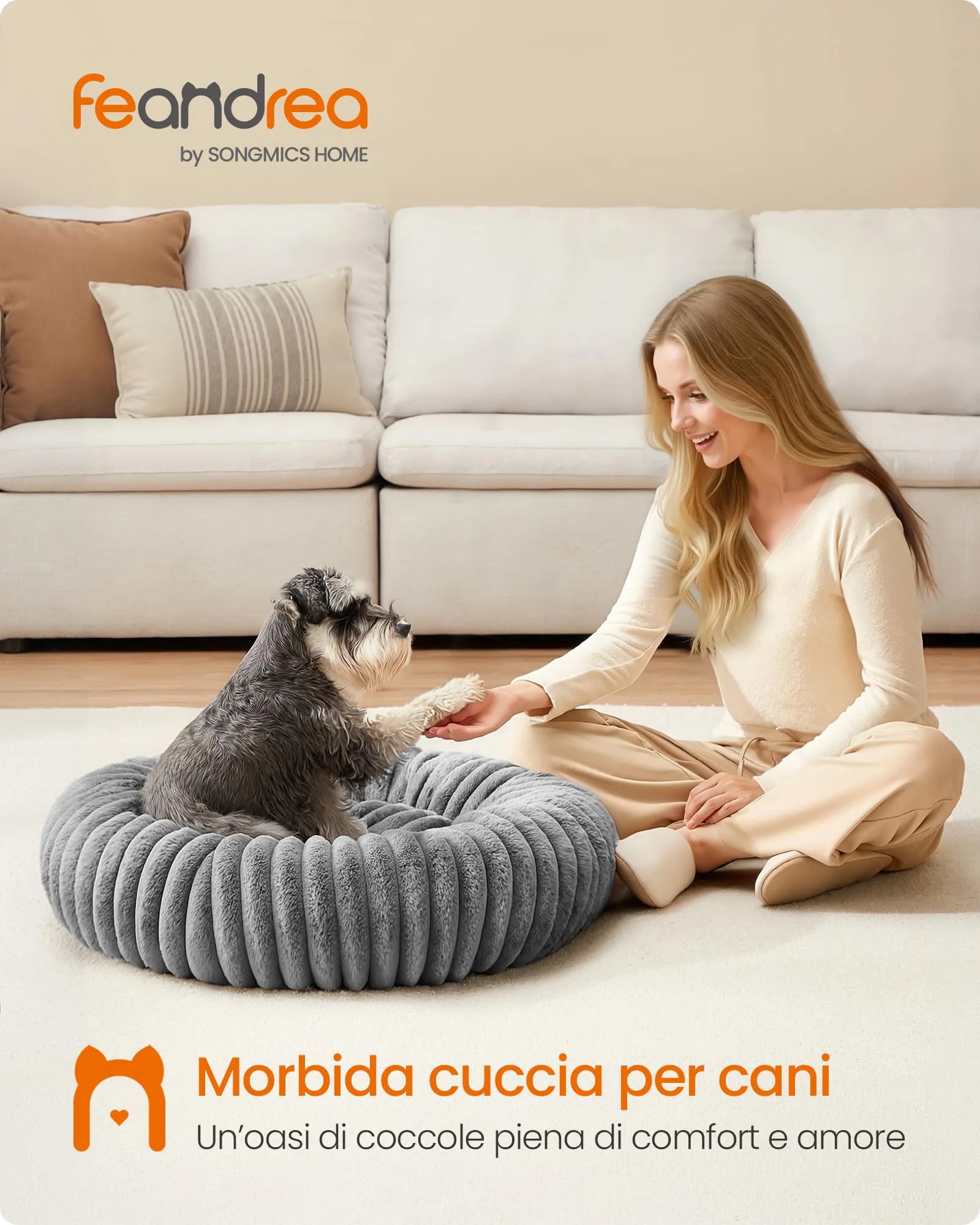 Feandrea Cuccia per Cani e Gatti di Taglia Grande, Diametro di 70 cm, Lettino per Animali Domestici, Cuscino Lavabile, Tappeto Soffice, Imbottitura Morbida, Grigio Tortora PGW303GD01 - immagine 2