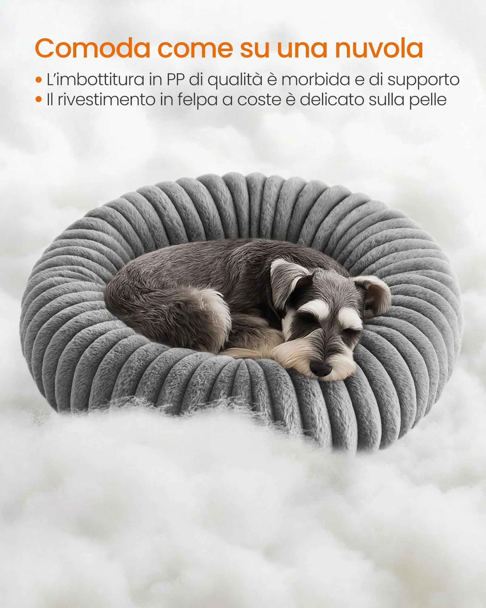 Feandrea Cuccia per Cani e Gatti di Taglia Grande, Diametro di 70 cm, Lettino per Animali Domestici, Cuscino Lavabile, Tappeto Soffice, Imbottitura Morbida, Grigio Tortora PGW303GD01 - immagine 3