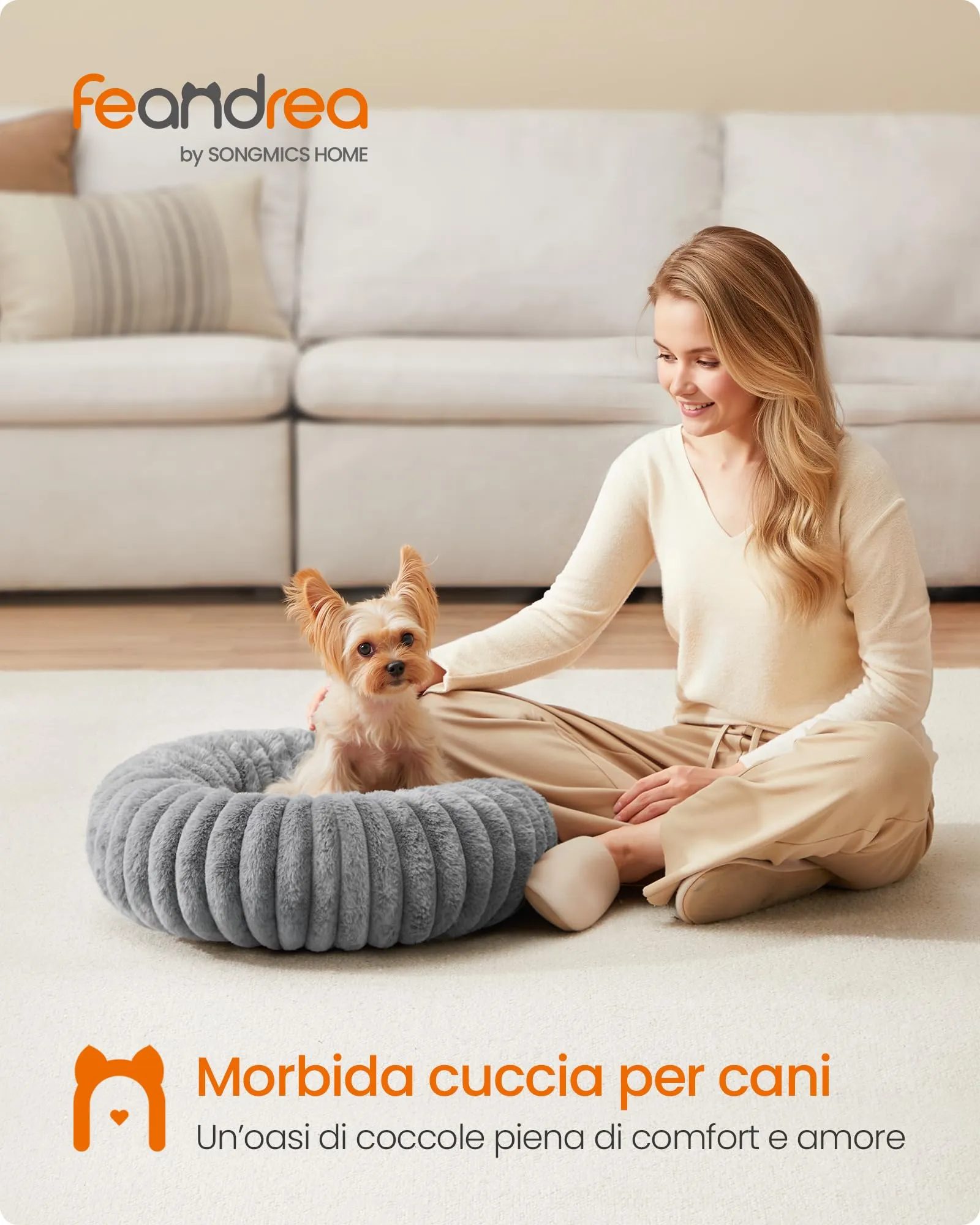 Feandrea Cuccia per Cani e Gatti di Taglia Piccola, Diametro di 50 cm, Lettino per Animali Domestici, Cuscino Lavabile, Tappeto Soffice, Imbottitura Morbida, Grigio Tortora PGW301GD01 - immagine 2