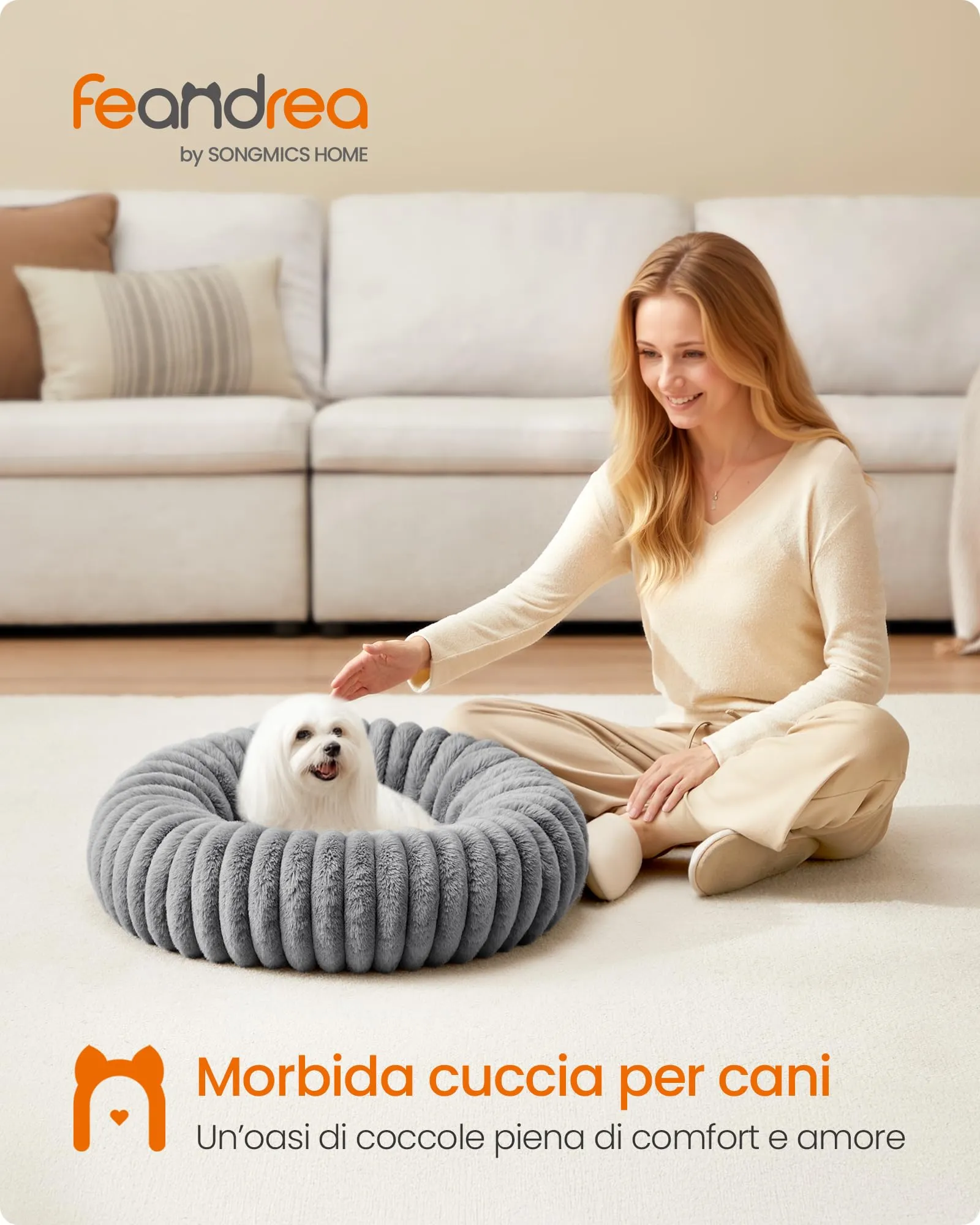 Feandrea Cuccia per Cani e Gatti di Taglia Media, Diametro di 60 cm, Lettino per Animali Domestici, Cuscino Lavabile, Tappeto Soffice, Imbottitura Morbida, Grigio Tortora PGW302GD01 - immagine 2