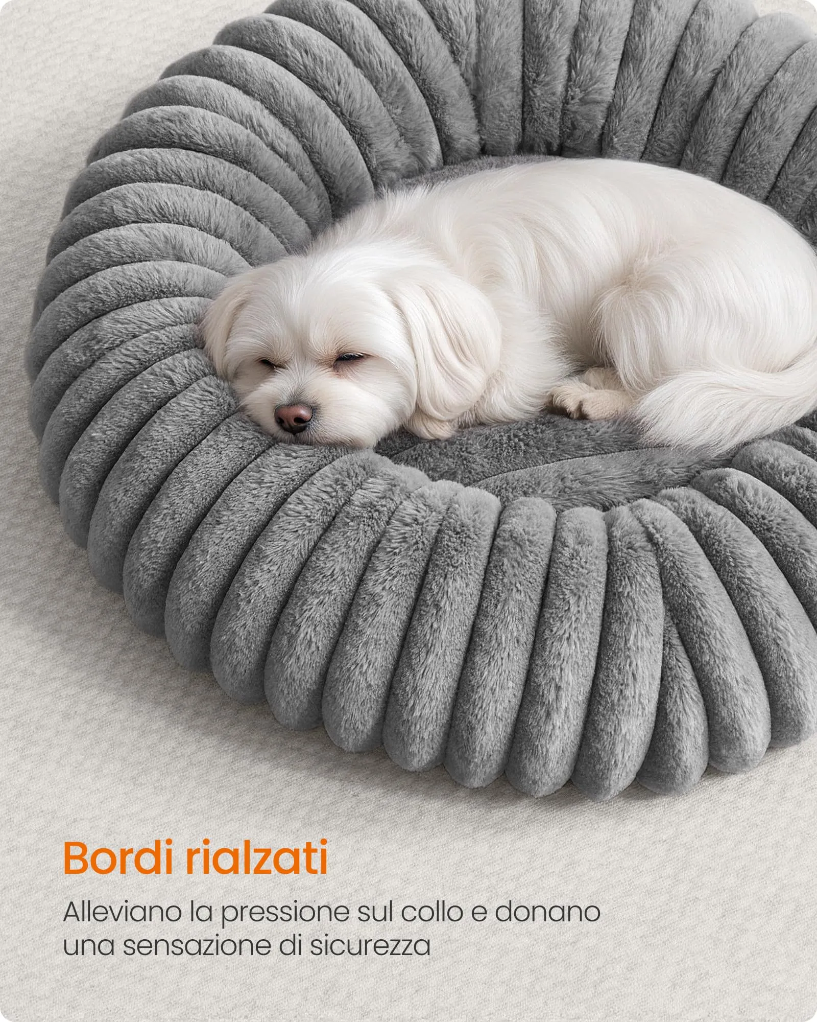 Feandrea Cuccia per Cani e Gatti di Taglia Media, Diametro di 60 cm, Lettino per Animali Domestici, Cuscino Lavabile, Tappeto Soffice, Imbottitura Morbida, Grigio Tortora PGW302GD01 - immagine 4
