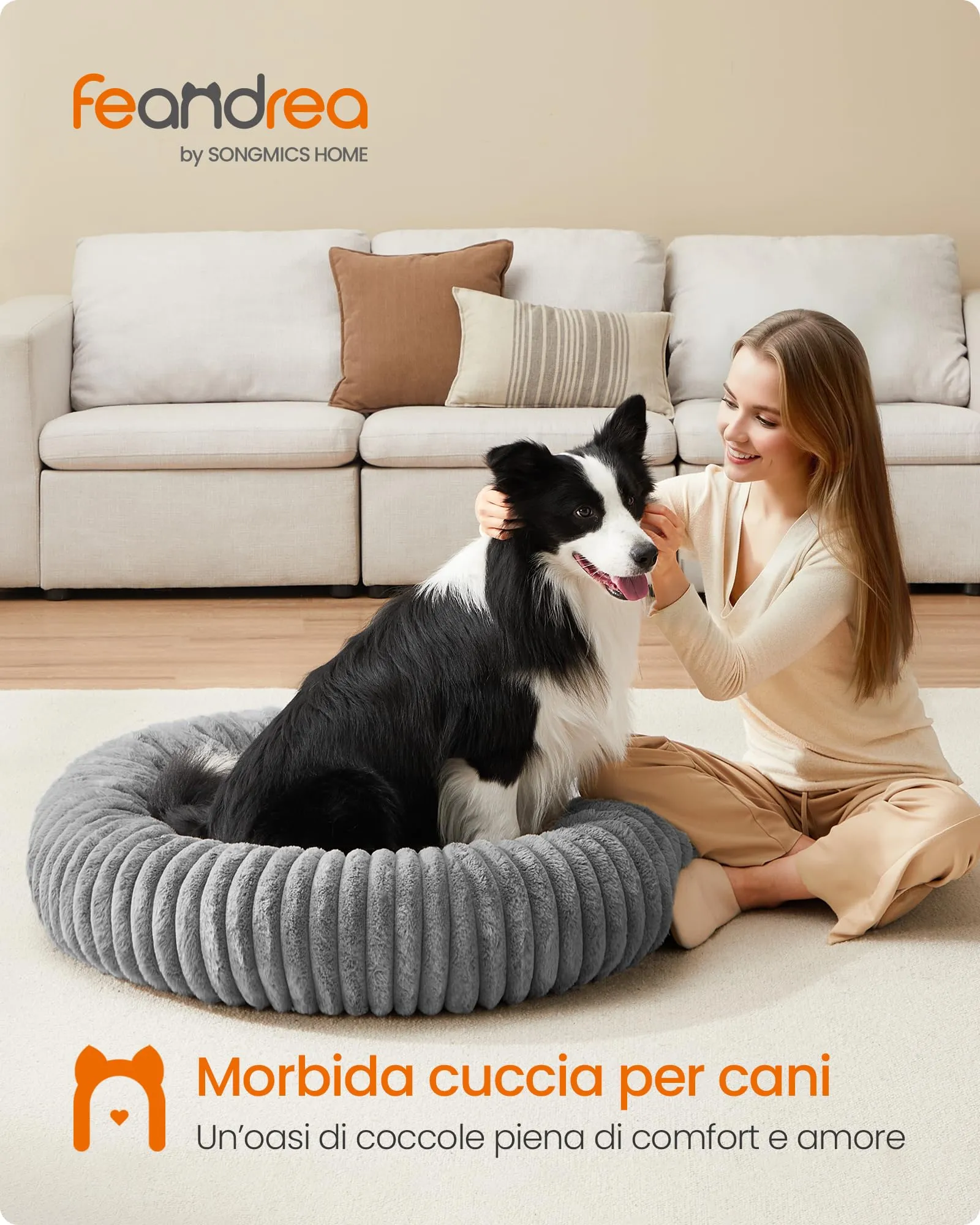 Feandrea Cuccia per Cani e Gatti di Taglia Extra Grande, Diametro di 100 cm, Lettino per Animali Domestici, Cuscino Lavabile, Tappeto Soffice, Imbottitura Morbida, Grigio Tortora PGW306GD01 - immagine 2