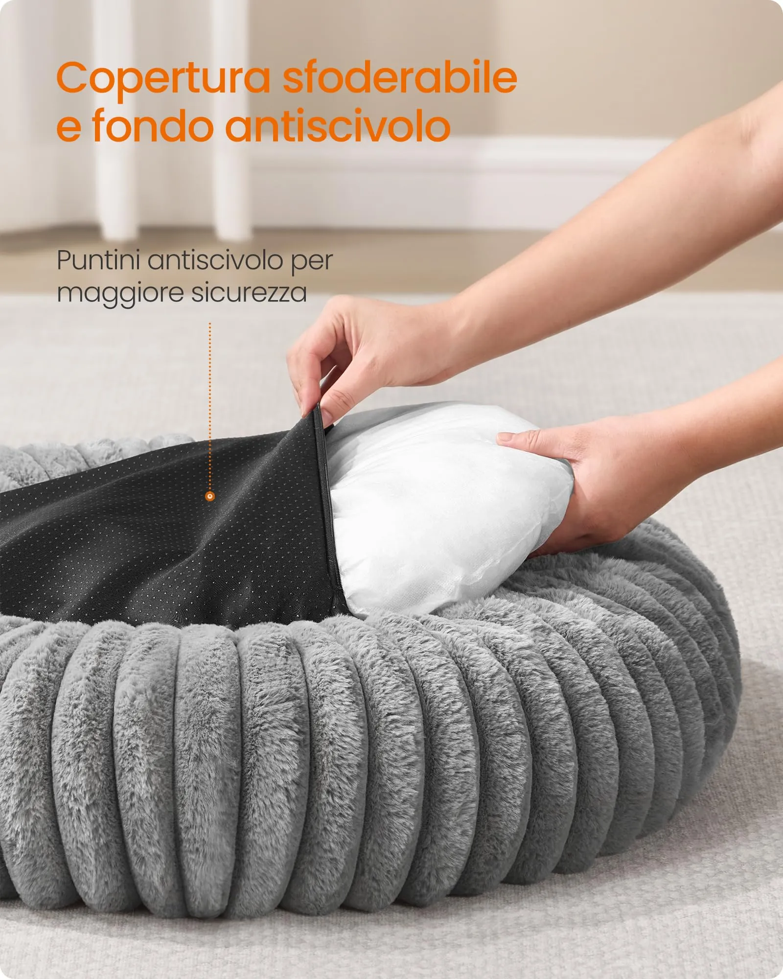 Feandrea Cuccia per Cani e Gatti di Taglia Extra Grande, Diametro di 100 cm, Lettino per Animali Domestici, Cuscino Lavabile, Tappeto Soffice, Imbottitura Morbida, Grigio Tortora PGW306GD01 - immagine 5