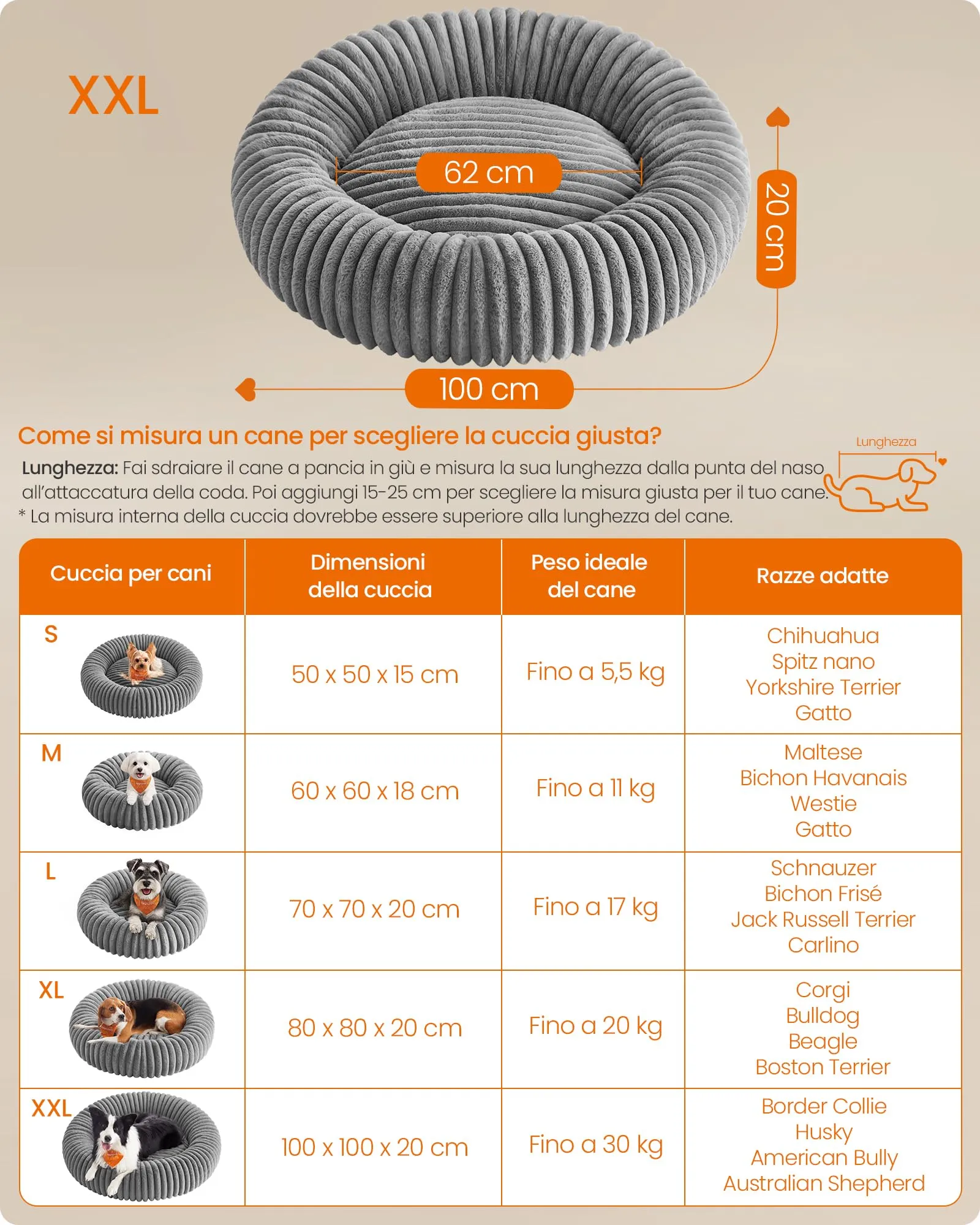 Feandrea Cuccia per Cani e Gatti di Taglia Extra Grande, Diametro di 100 cm, Lettino per Animali Domestici, Cuscino Lavabile, Tappeto Soffice, Imbottitura Morbida, Grigio Tortora PGW306GD01 - immagine 6