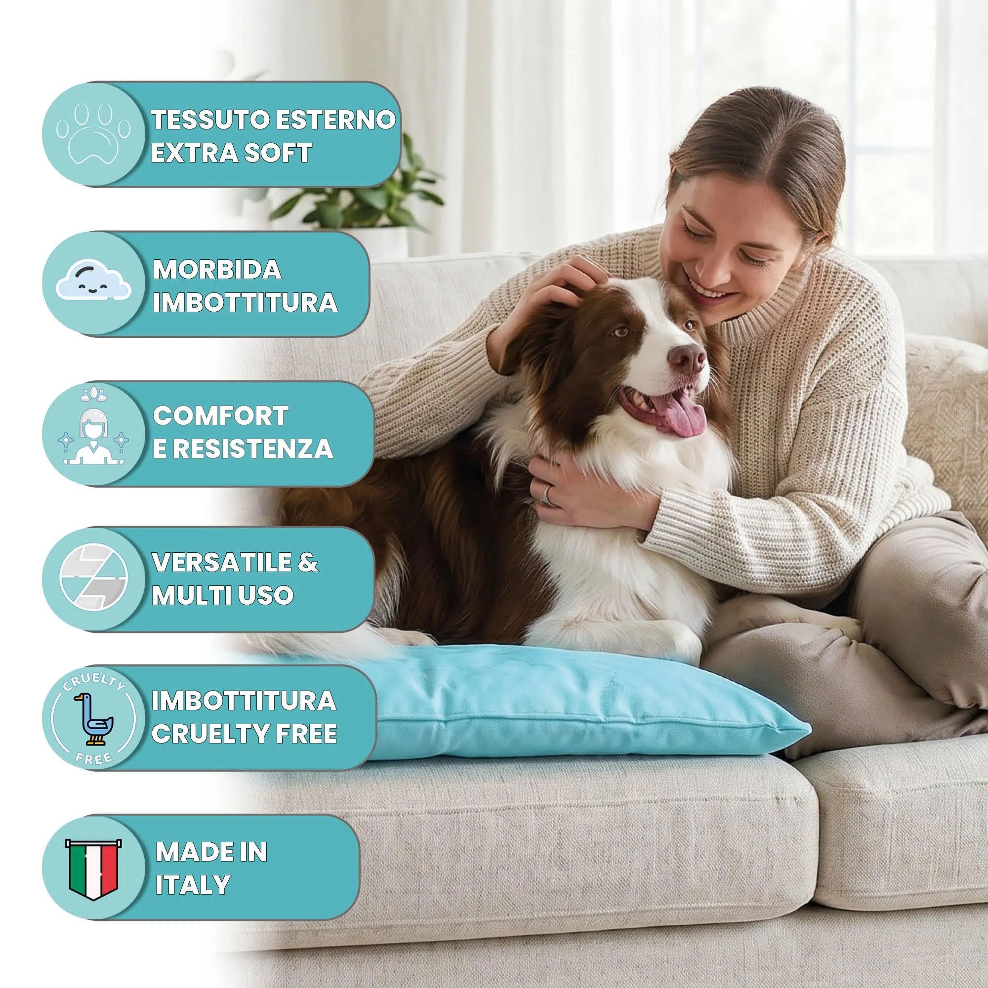 Maxy cuscinone "ELEGANT", cuscino per cani e gatti imbottito e trapuntato, 60 x 100 cm, Azzurro - immagine 2