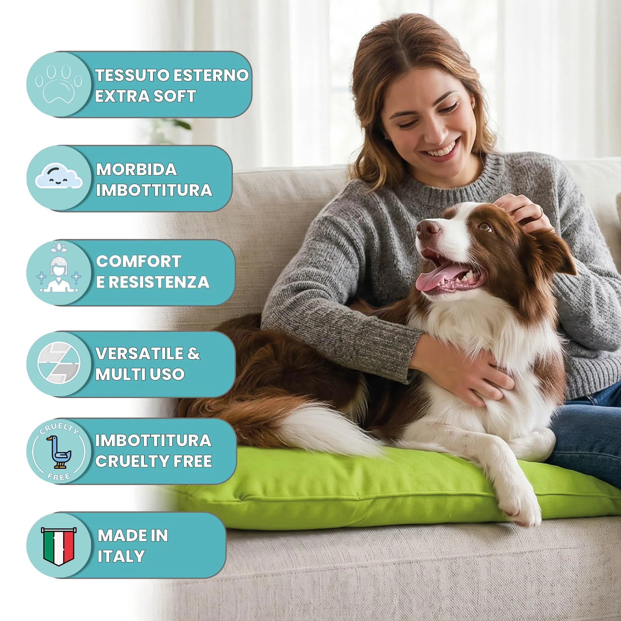 Maxy Cuscinone Cane e Gatto ELEGANT – Cuscino per Animali Domestici Imbottito e Trapuntato, in Microfibra, 60x100 cm, Materassino Confortevole per Cani Taglia Piccola/Media/Grande, Verde Mela - immagine 2