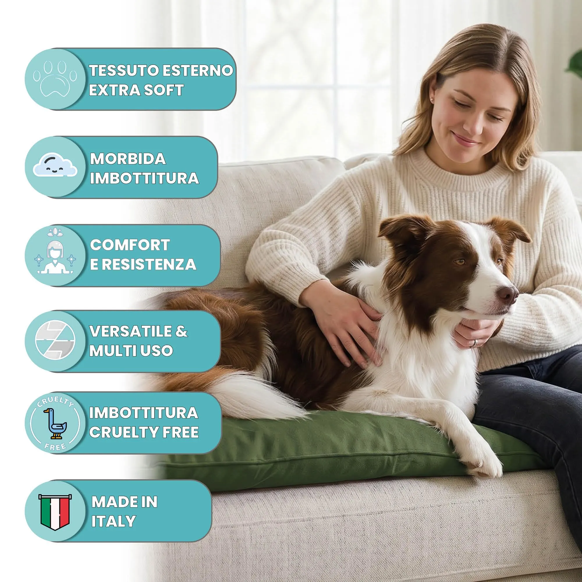 Maxy Cuscinone Cane e Gatto ELEGANT – Cuscino per Animali Domestici Imbottito e Trapuntato, in Microfibra, 60x100 cm, Materassino Confortevole per Cani Taglia Piccola/Media/Grande, Verde Scuro - immagine 2