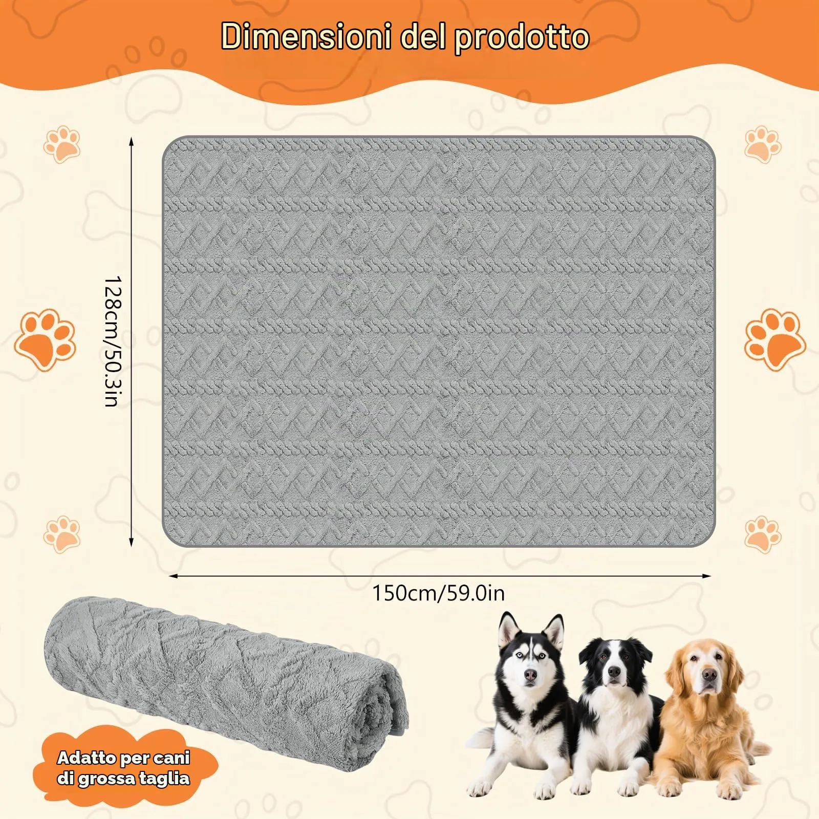 Omtofo Coperta Impermeabile 150×128cm, Lavabile Coperta Cane, Caldo e Soffice Copertina Flanella Cane, per Cani di Media e Grande Taglia, Uso a Doppia Faccia Protettore per Divano, Grigio - immagine 2