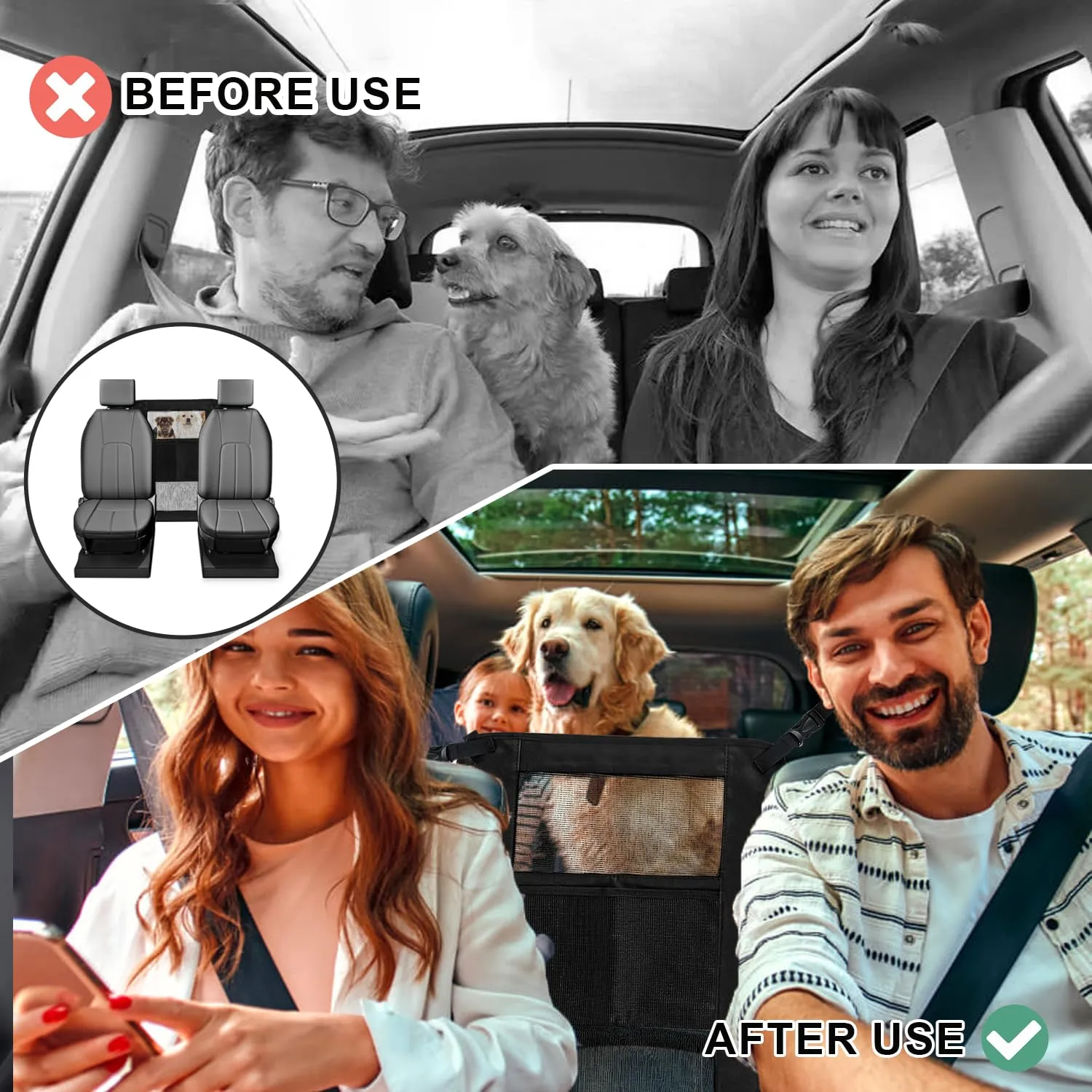 xtemtoamz Rete Auto per Cani, Rete Divisoria Auto per Cani, Rete Portaoggetti Auto, Rete per Cani per Sedili Posteriori per Isolare Gli Animali Domestici, Sacca in Rete per Riporre Oggetti - immagine 7