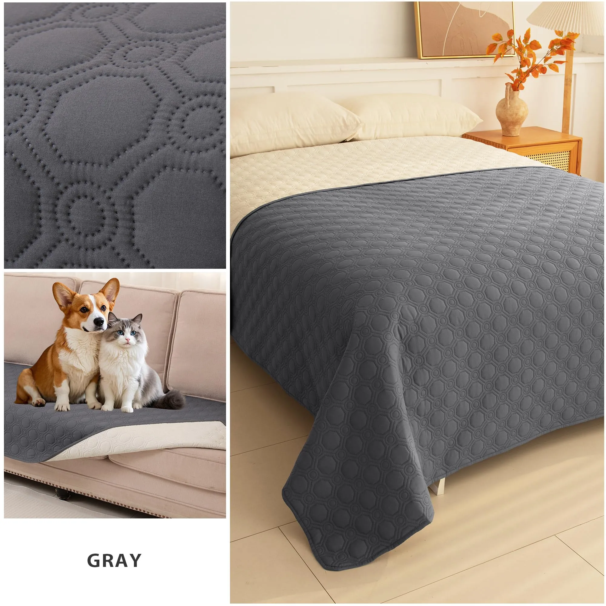 TIANSHU Coperta Impermeabile per Letto e Divano, Copriletto Antiscivolo Lavabile a Doppia Faccia, Coperta Resistente per Cani e Gatti (208x208cm, Grigio) - immagine 2