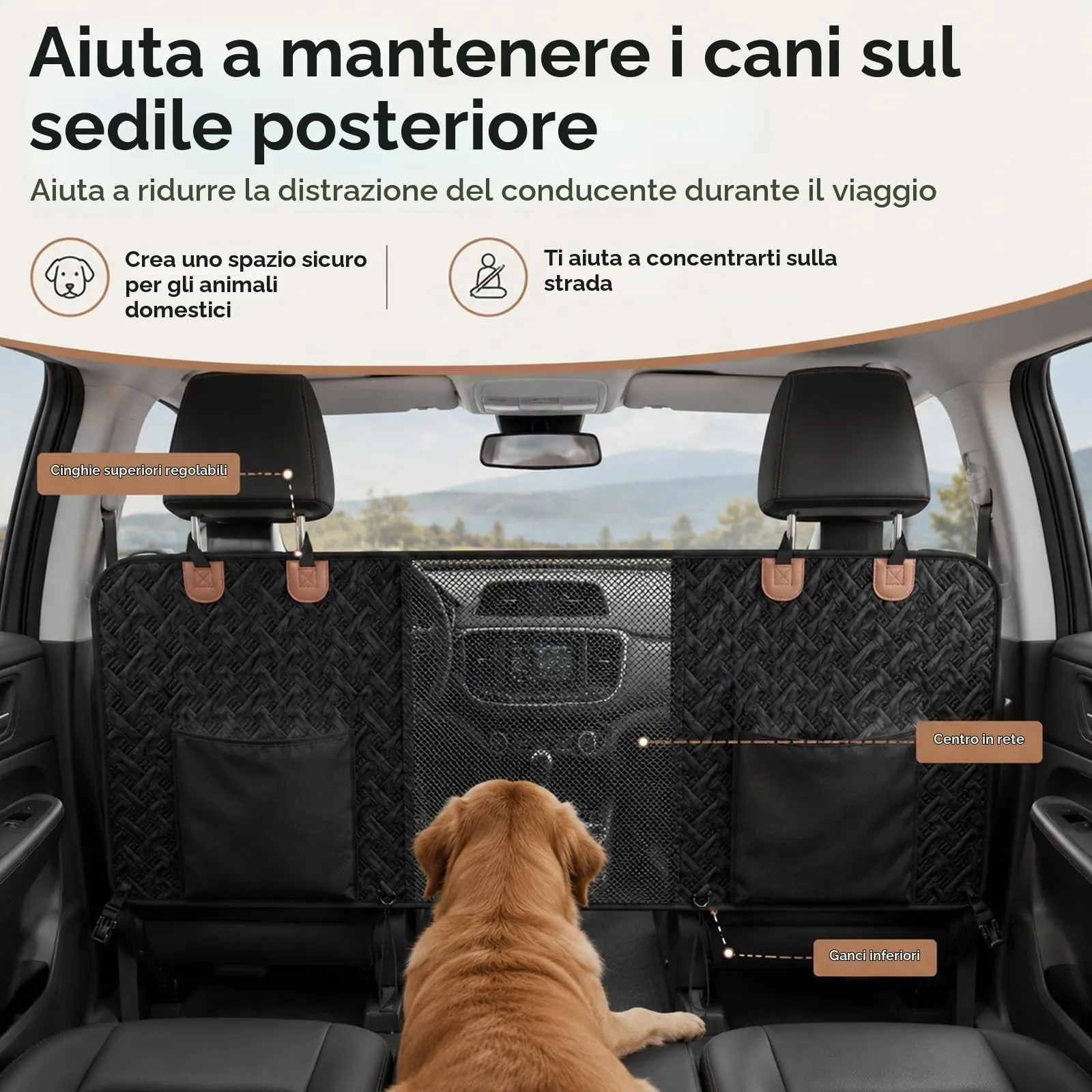 Eosarcu Cani Barriera per Auto, Cani Mesh per Divisore Auto, Barriera per Animali Domestici con 2 Organizzatore Mesh, Universale per Auto, SUV, Camion - immagine 2