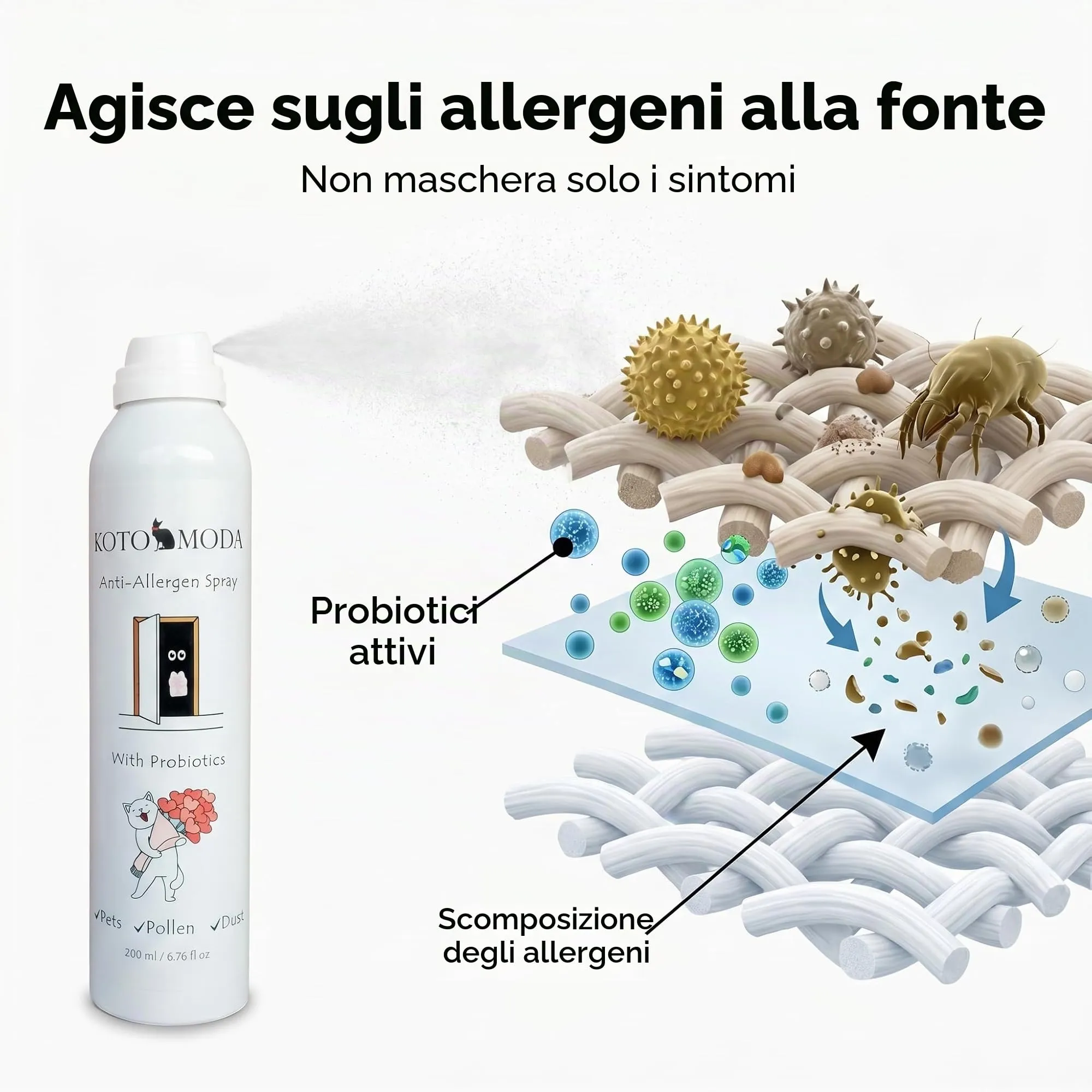 Kotomoda Spray Probiotico Antiallergico per Proprietari di Gatti 200 ml — Neutralizza l'Allergene Fel d 1 su Tappeti, Divani e Biancheria — Sicuro per Gatti, Cani e Bambini — Formula Biotecnologica - immagine 3