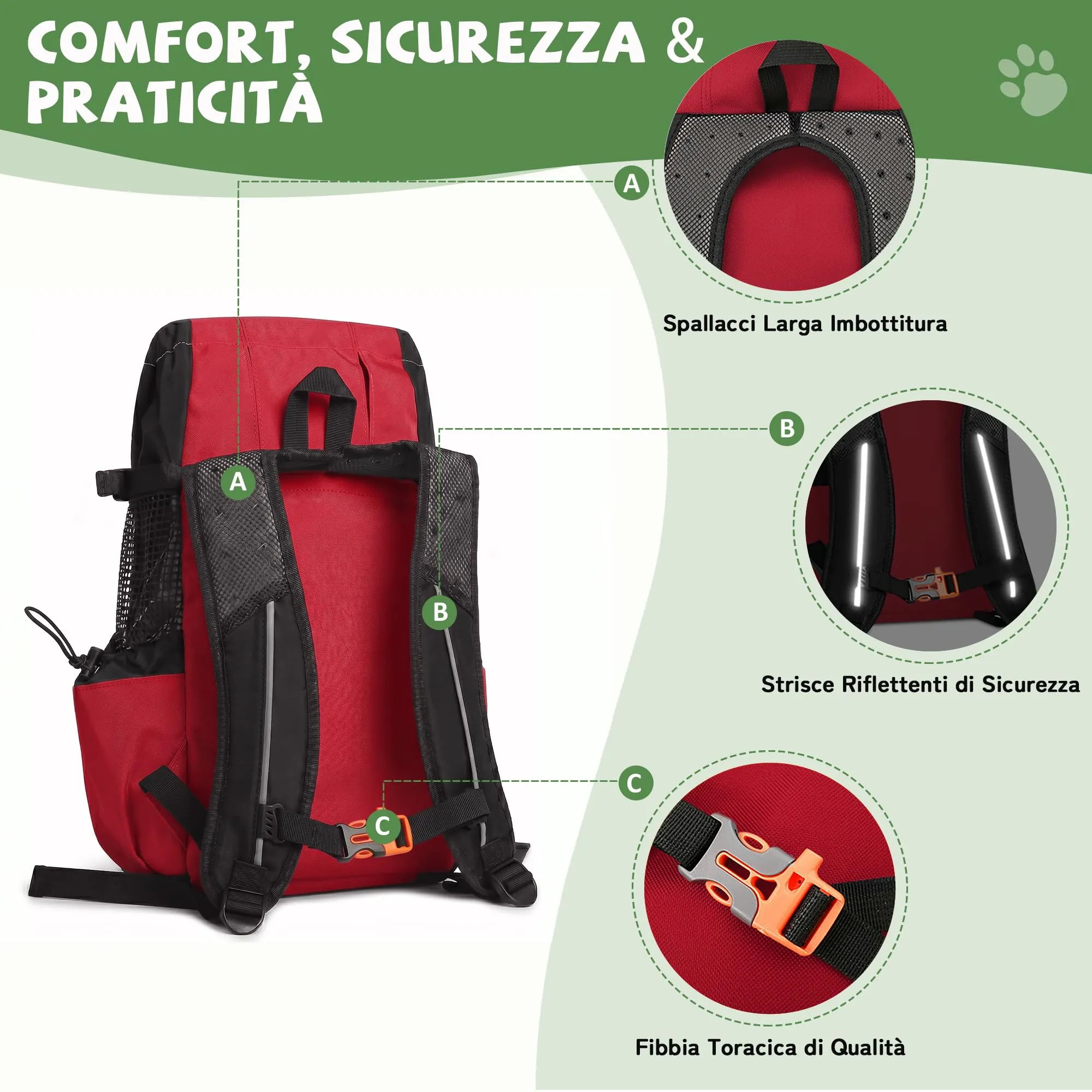 ALLSOPETS Zaino per Cani, Zaino Porta Cane Portatile, Rosso Gemma, M - immagine 4