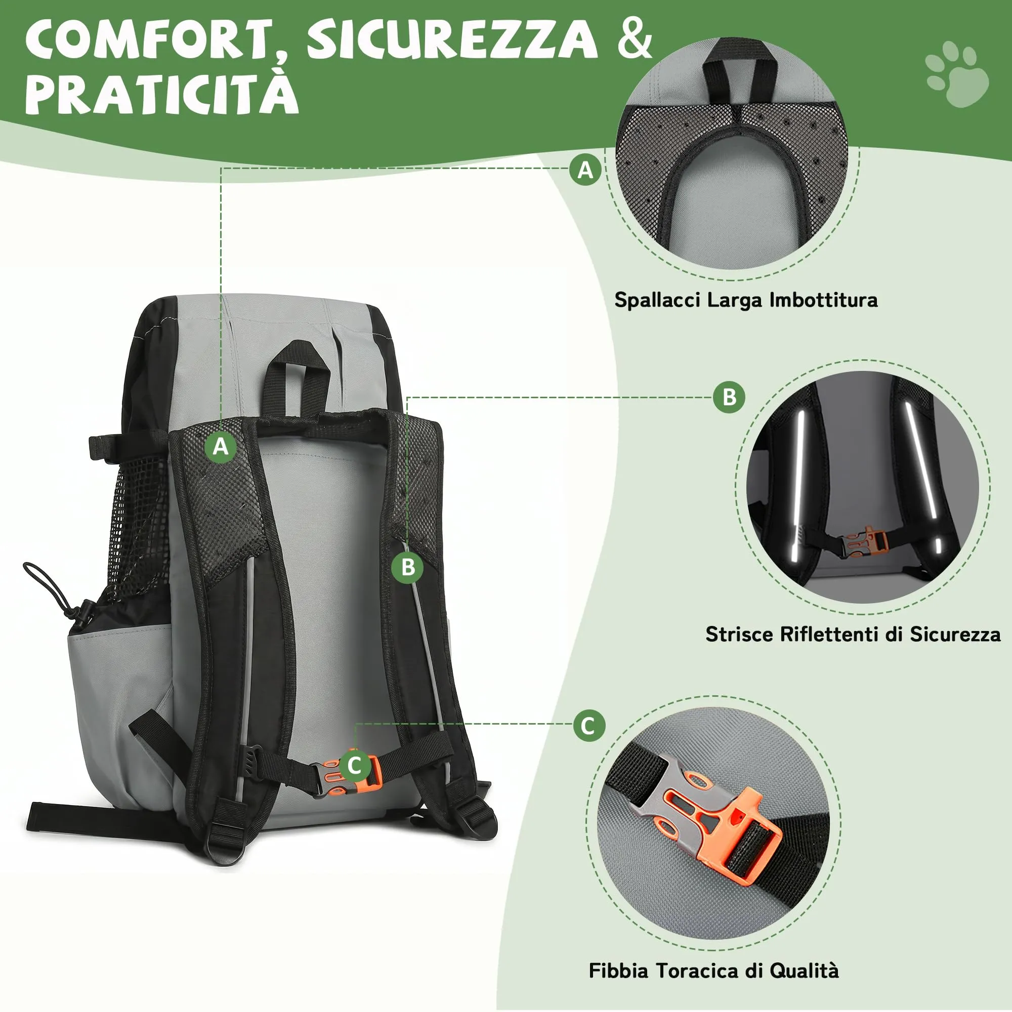 ALLSOPETS Zaino per Cani, Zaino Porta Cane Portatile, Grigio Salvia, M - immagine 4