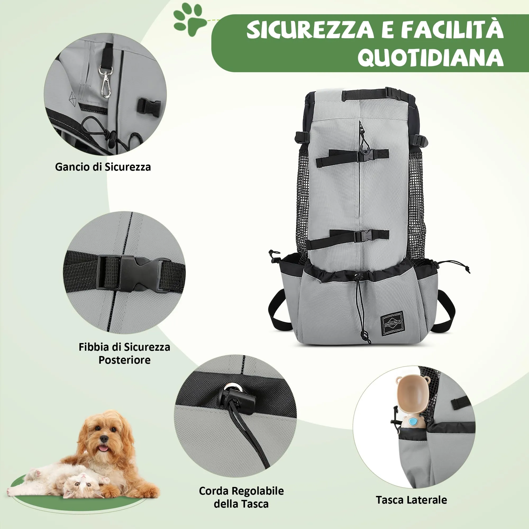 ALLSOPETS Zaino per Cani, Zaino Porta Cane Portatile, Grigio Salvia, M - immagine 5