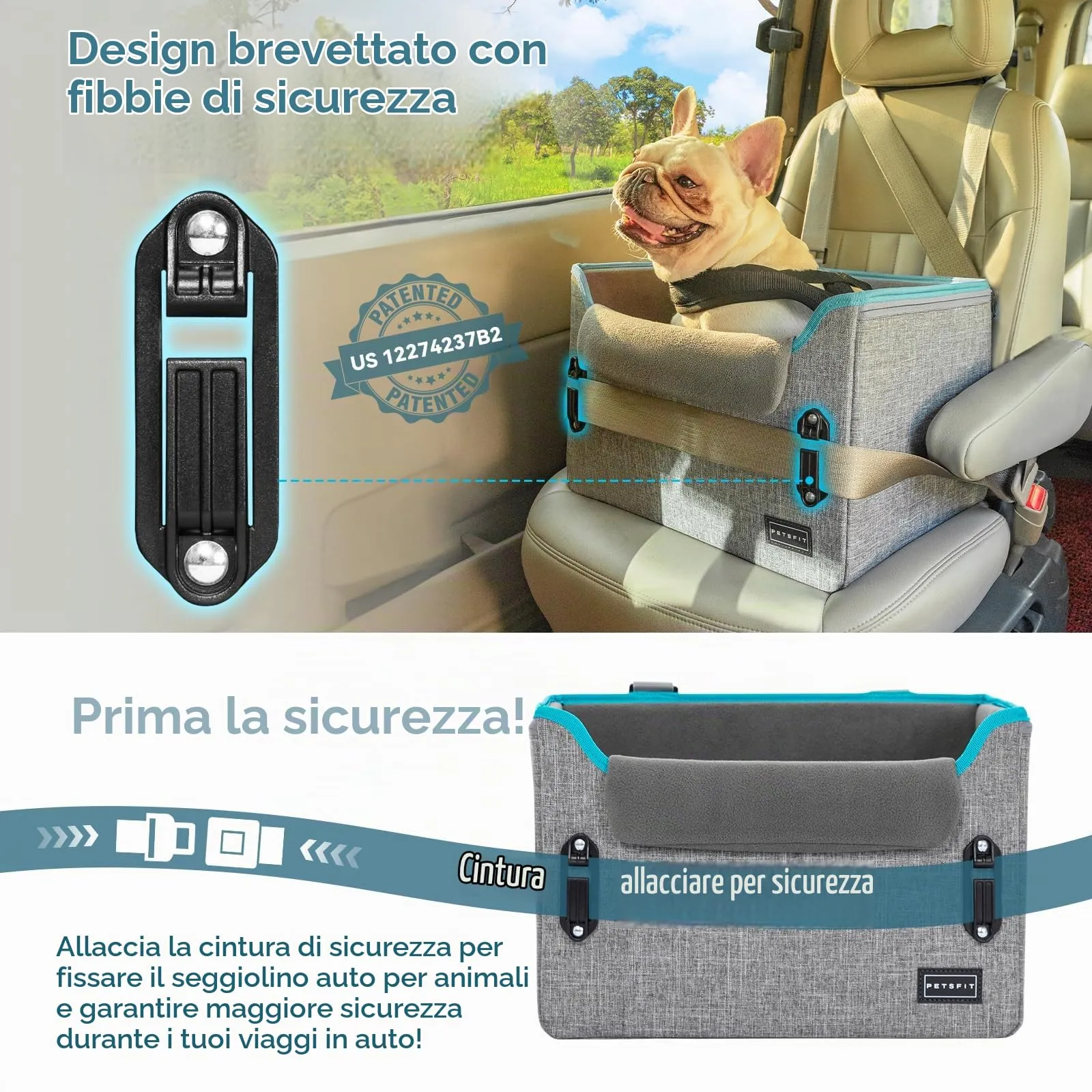 Petsfit Seggiolino Auto Trasportino per cani piccoli,Seggiolino cane auto anteriore con clip di sicurezza per la cintura e cuscino in peluche per cani piccoli fino a 6 kg - immagine 2