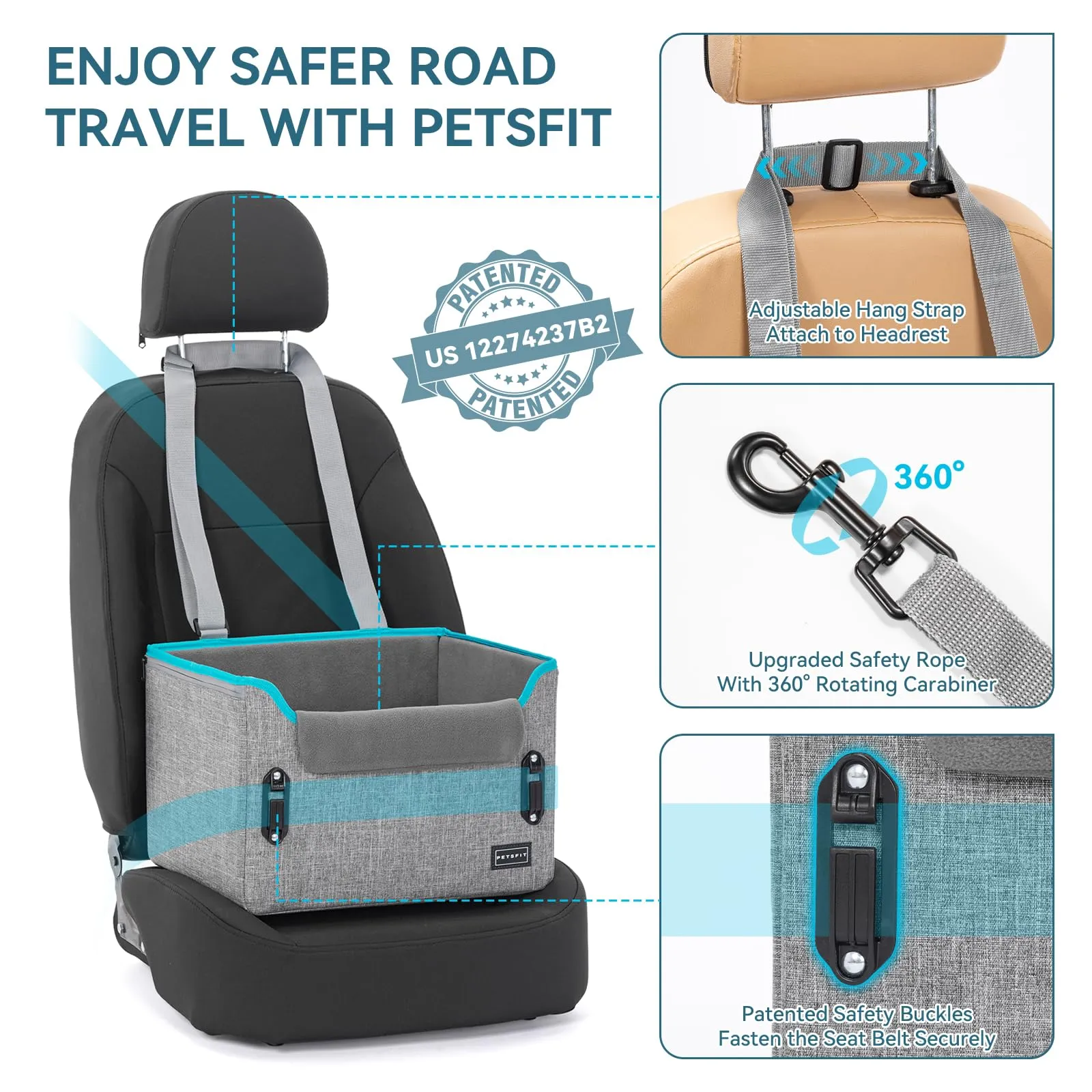 Petsfit Seggiolino Auto Trasportino per cani piccoli,Seggiolino cane auto anteriore con clip di sicurezza per la cintura e cuscino in peluche per cani piccoli fino a 6 kg - immagine 3