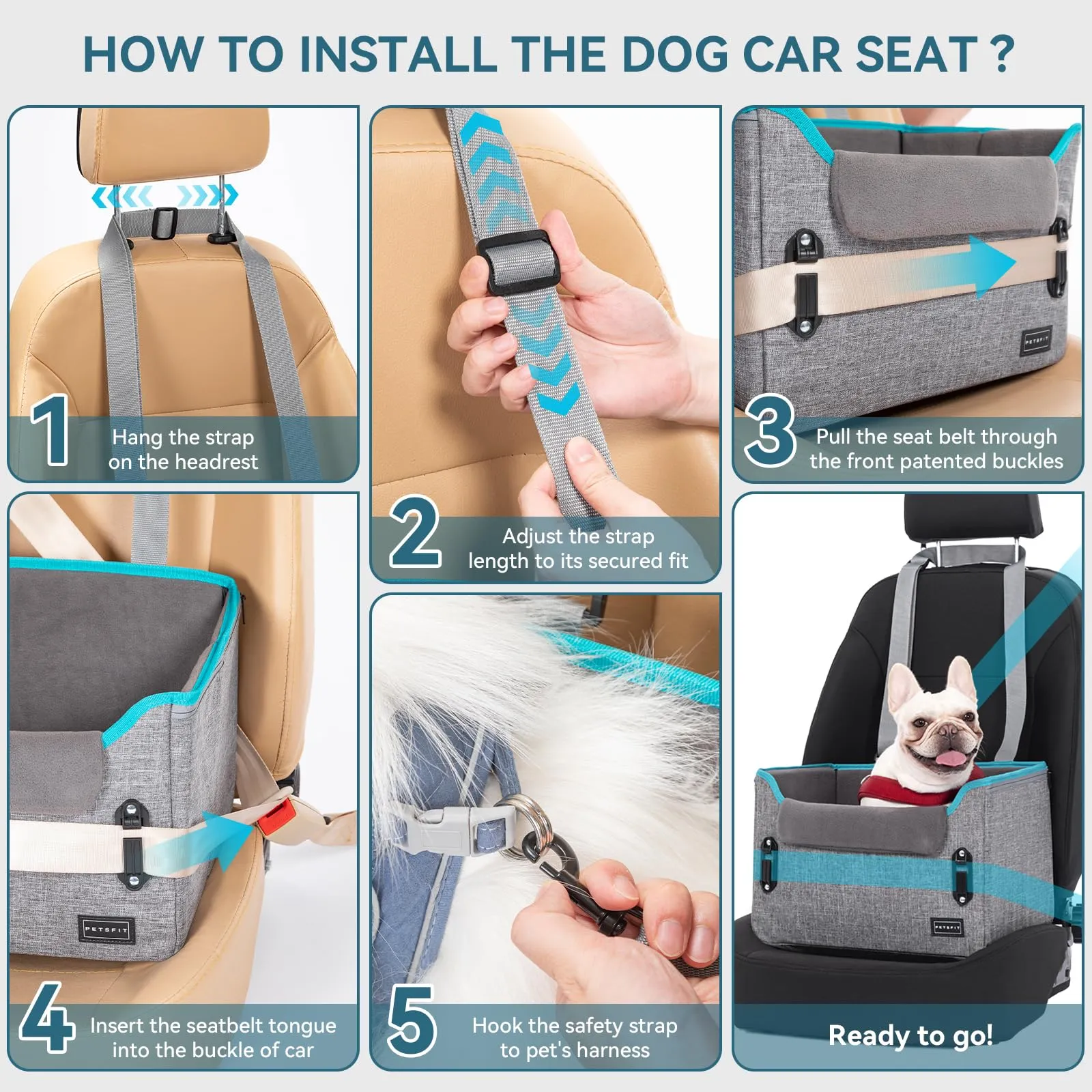 Petsfit Seggiolino Auto Trasportino per cani piccoli,Seggiolino cane auto anteriore con clip di sicurezza per la cintura e cuscino in peluche per cani piccoli fino a 6 kg - immagine 5