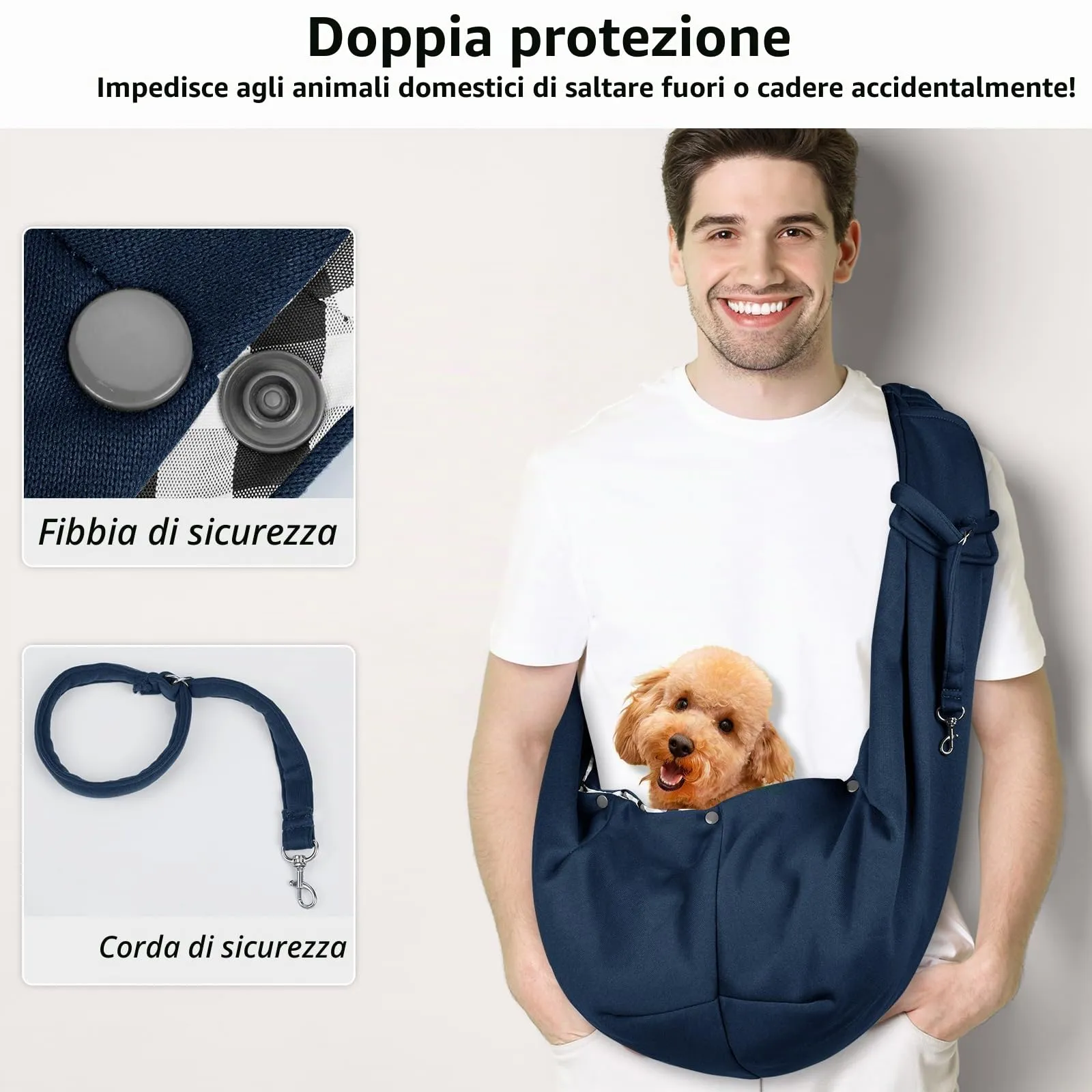 Sarsumir Borsa a tracolla regolabile per cani, borsa a tracolla per animali domestici, piccola taglia, per cani e gatti, per attività all'aperto e gite, portata fino a 7,5 kg, blu - immagine 3