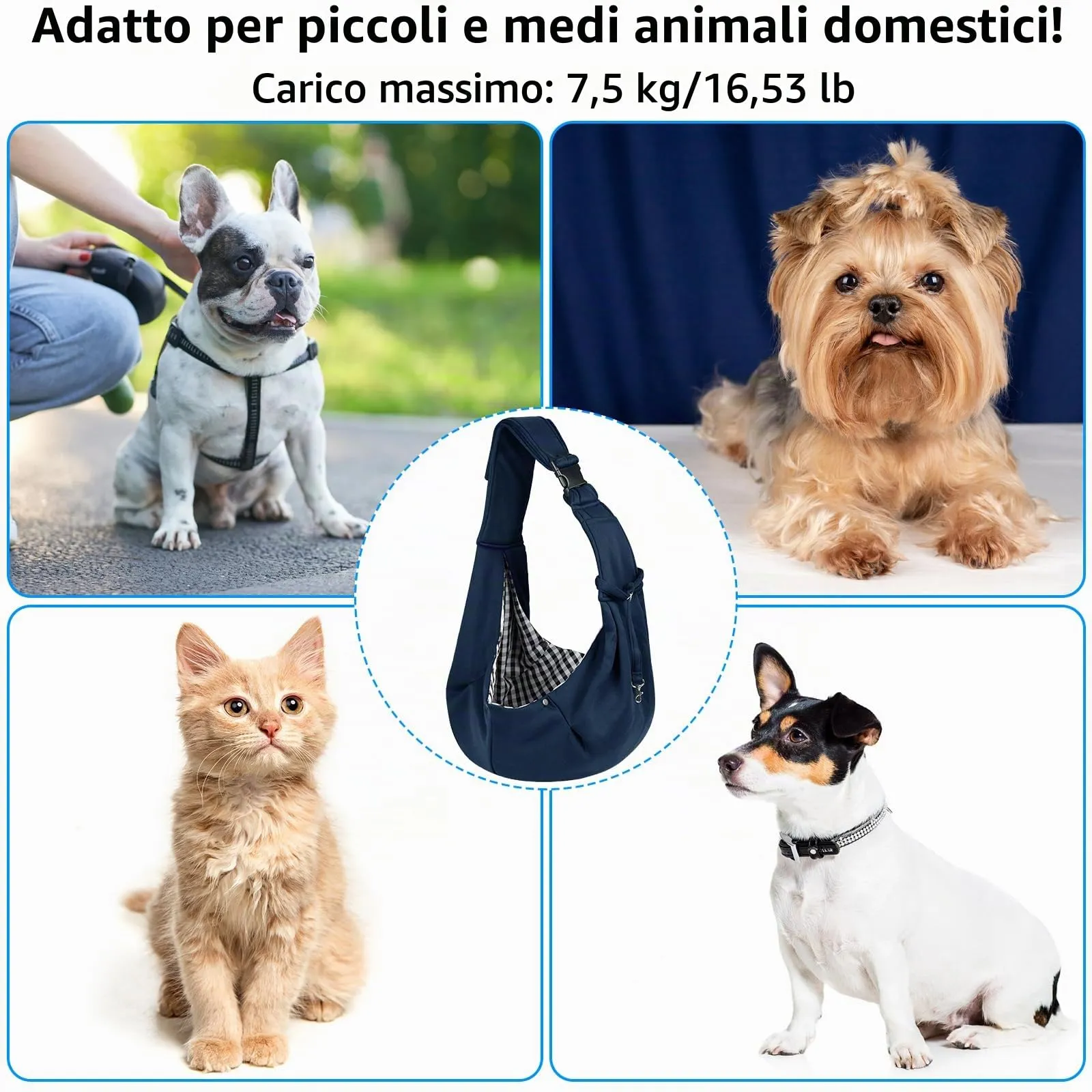 Sarsumir Borsa a tracolla regolabile per cani, borsa a tracolla per animali domestici, piccola taglia, per cani e gatti, per attività all'aperto e gite, portata fino a 7,5 kg, blu - immagine 5