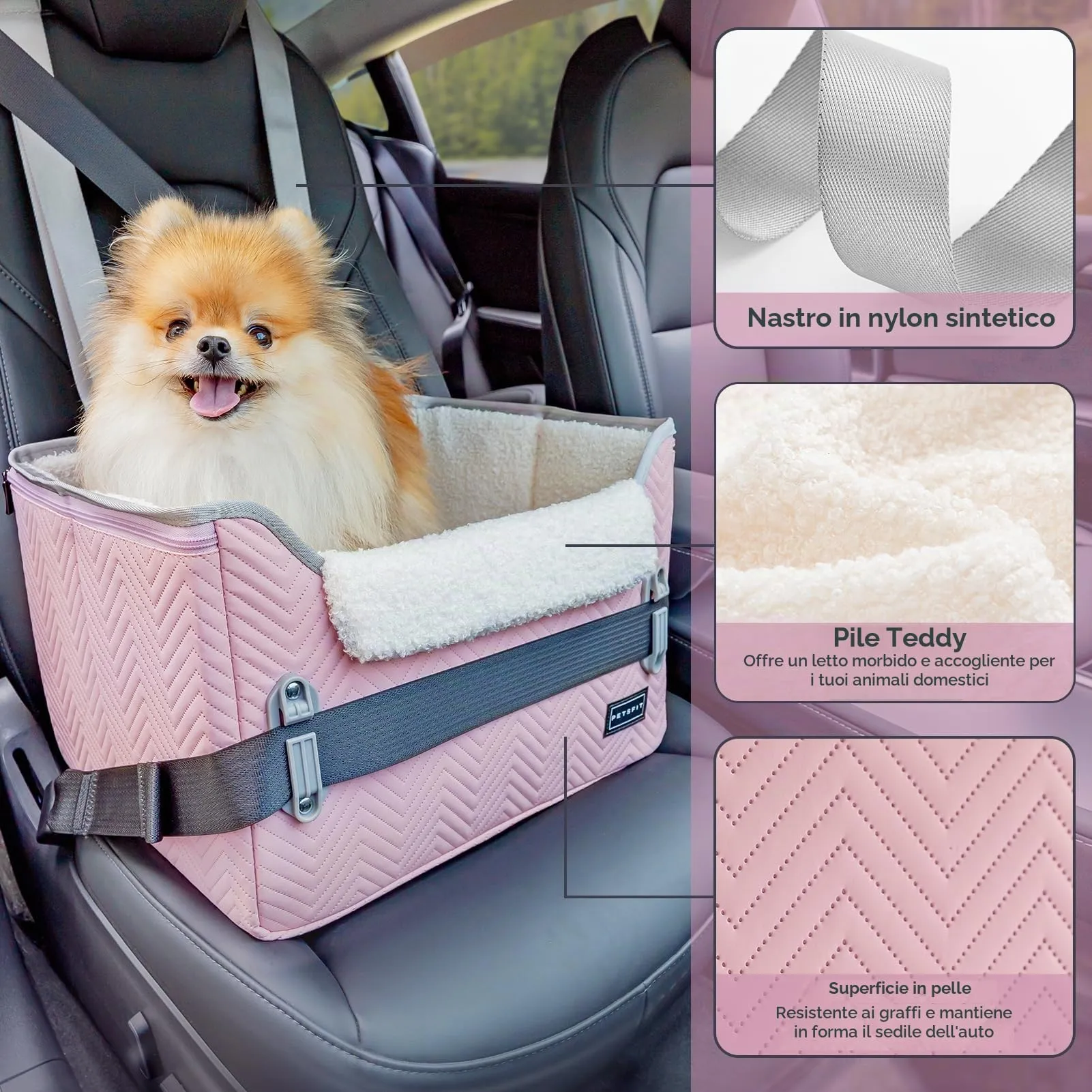 Petsfit Seggiolini auto per cani con fibbie di fissaggio per cintura di sicurezza, impermeabile, in pelle PU, con guinzaglio a clip, per animali domestici di piccola taglia fino a 6kg - immagine 2