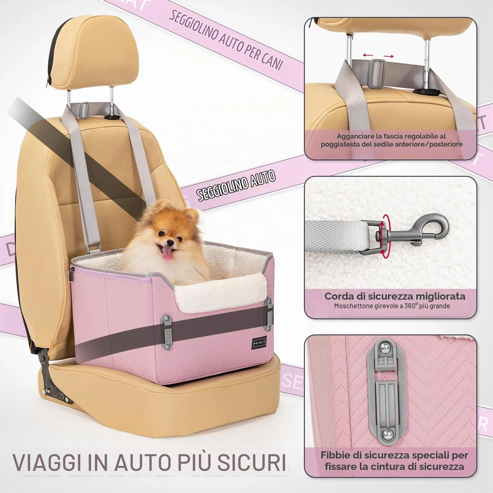 Petsfit Seggiolini auto per cani con fibbie di fissaggio per cintura di sicurezza, impermeabile, in pelle PU, con guinzaglio a clip, per animali domestici di piccola taglia fino a 6kg - immagine 4